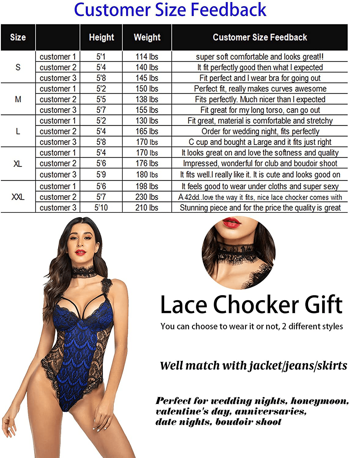 ADOME Womens Snap Crotch Lingerie Sexy Lace Bodysuit with Chocker Eyelash Teddy Apparel & Accessories > Clothing > Underwear & Socks > Lingerie ADOME