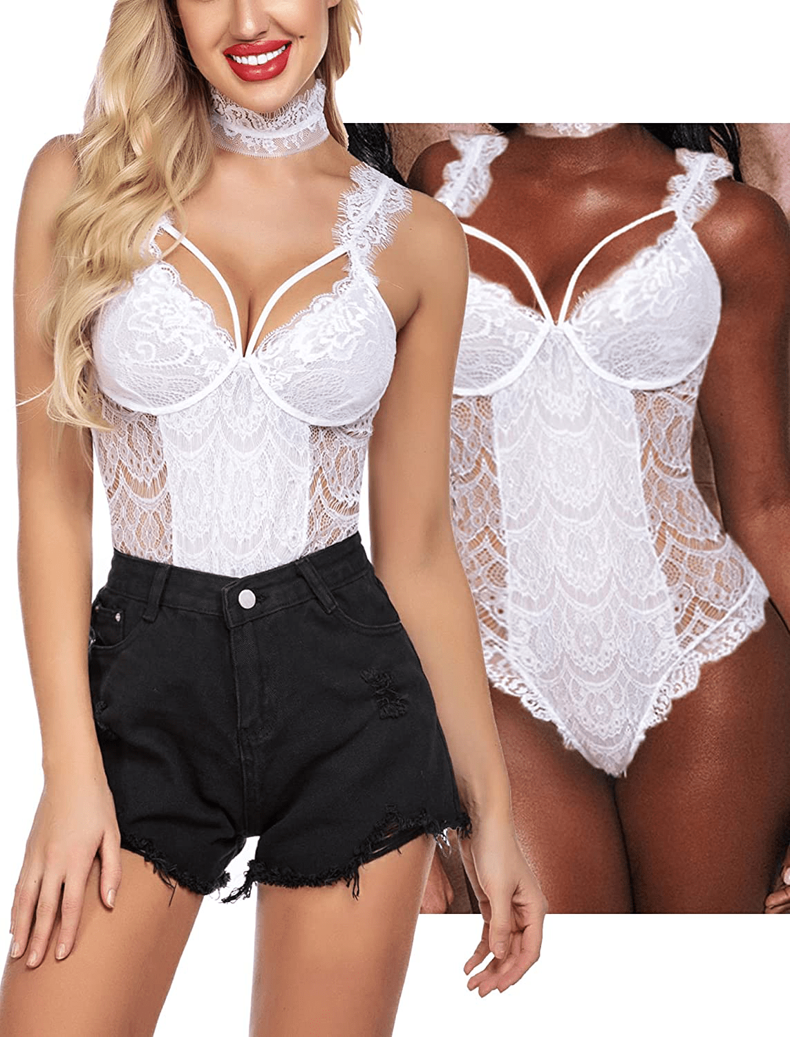ADOME Womens Snap Crotch Lingerie Sexy Lace Bodysuit with Chocker Eyelash Teddy Apparel & Accessories > Clothing > Underwear & Socks > Lingerie ADOME