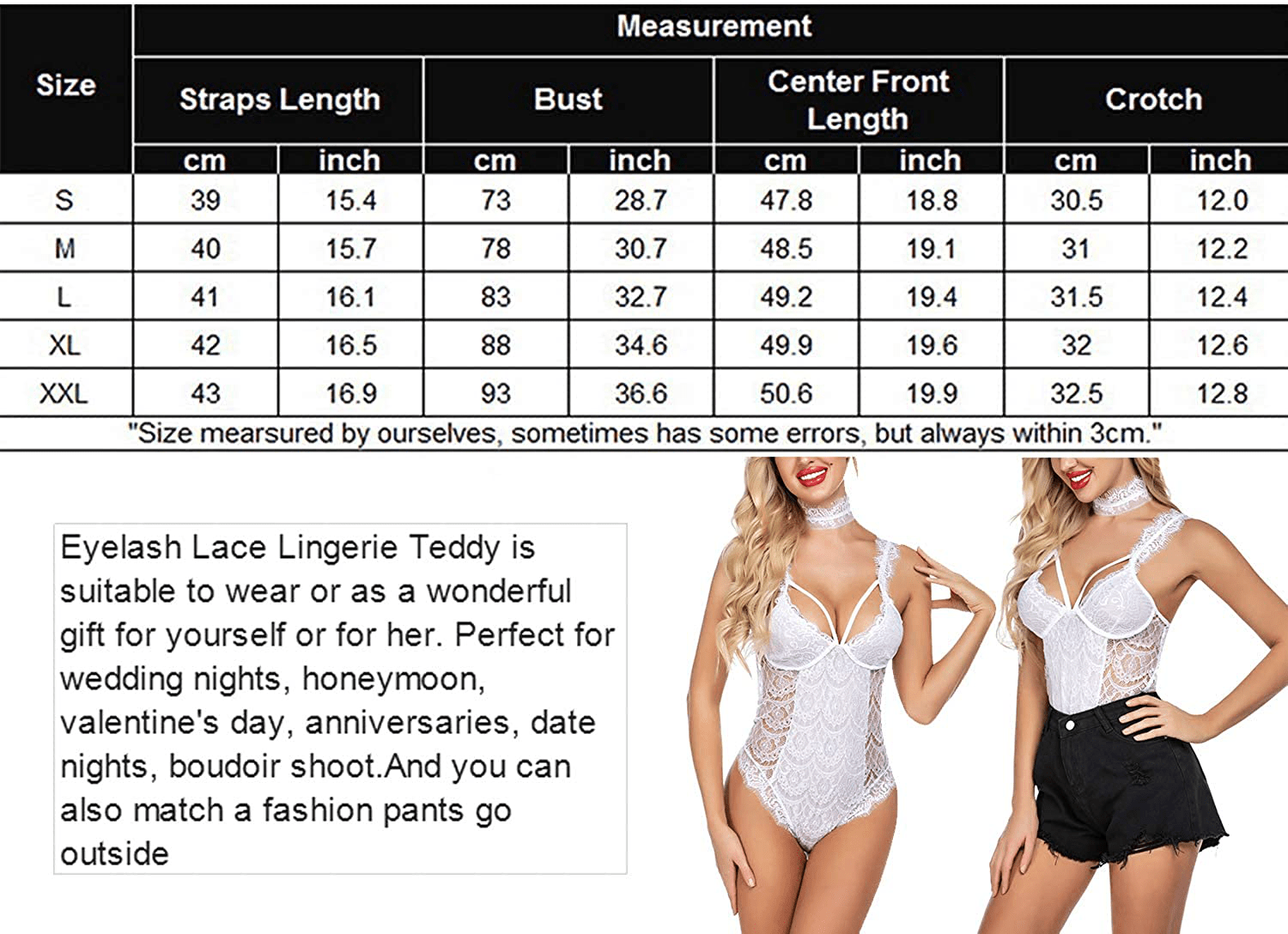 ADOME Womens Snap Crotch Lingerie Sexy Lace Bodysuit with Chocker Eyelash Teddy Apparel & Accessories > Clothing > Underwear & Socks > Lingerie ADOME