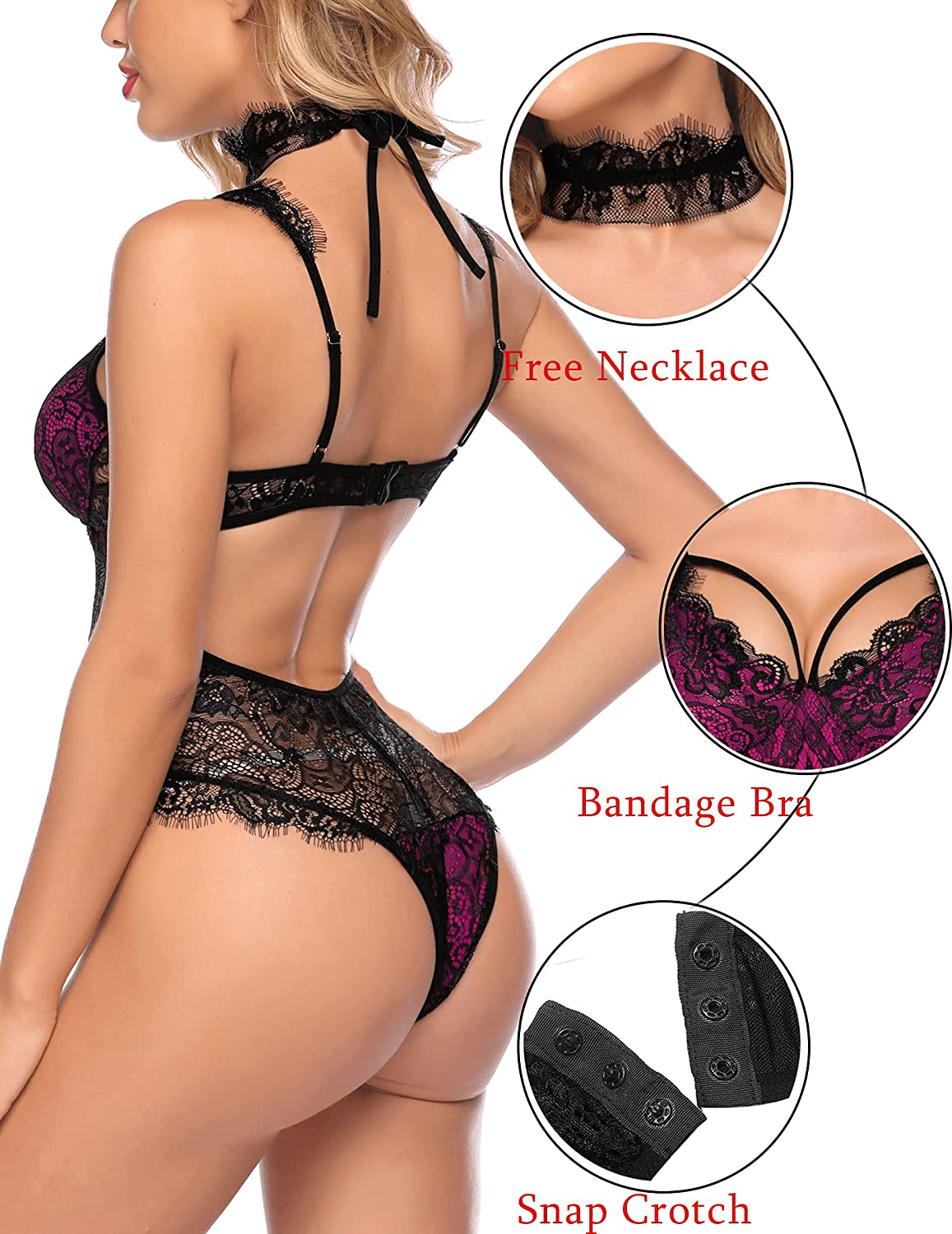 ADOME Womens Snap Crotch Lingerie Sexy Lace Bodysuit with Chocker Eyelash Teddy Apparel & Accessories > Clothing > Underwear & Socks > Lingerie ADOME