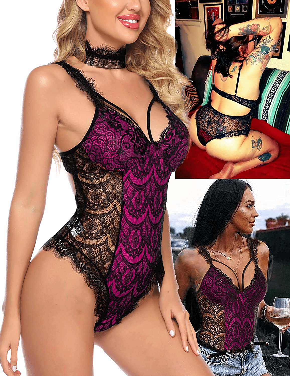 ADOME Womens Snap Crotch Lingerie Sexy Lace Bodysuit with Chocker Eyelash Teddy Apparel & Accessories > Clothing > Underwear & Socks > Lingerie ADOME