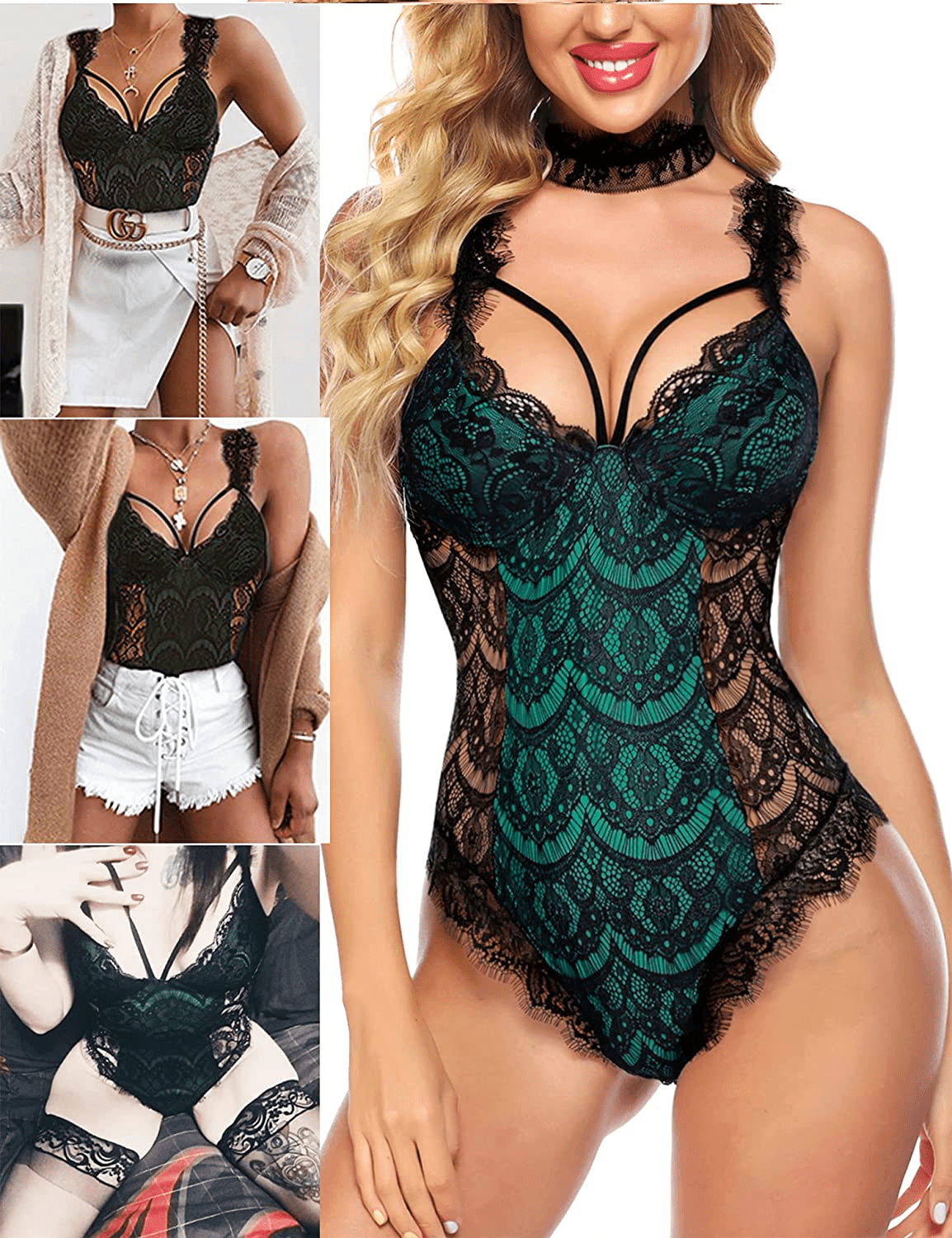 ADOME Womens Snap Crotch Lingerie Sexy Lace Bodysuit with Chocker Eyelash Teddy Apparel & Accessories > Clothing > Underwear & Socks > Lingerie ADOME