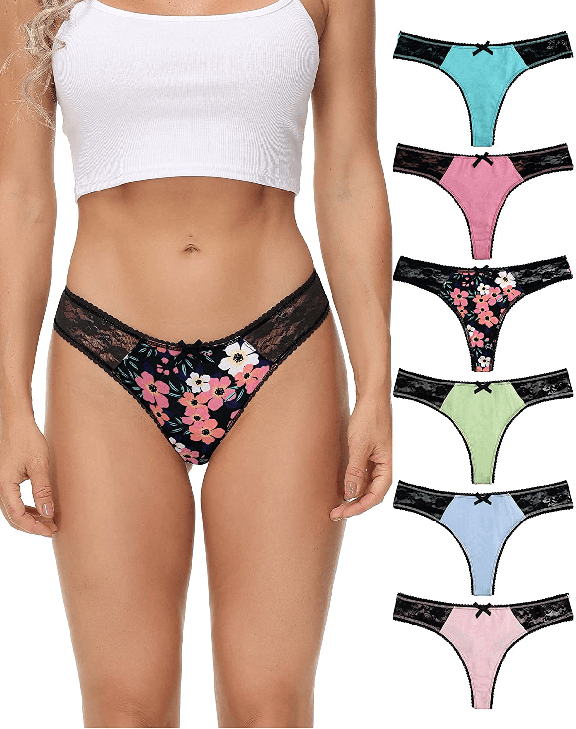 ADOVAKKER Womens Thong Cotton Sexy Lace Panties Underwear Pack Apparel & Accessories > Clothing > Underwear & Socks > Underwear ADOVAKKER Thongs-assorted E-6pcs Thongs Small