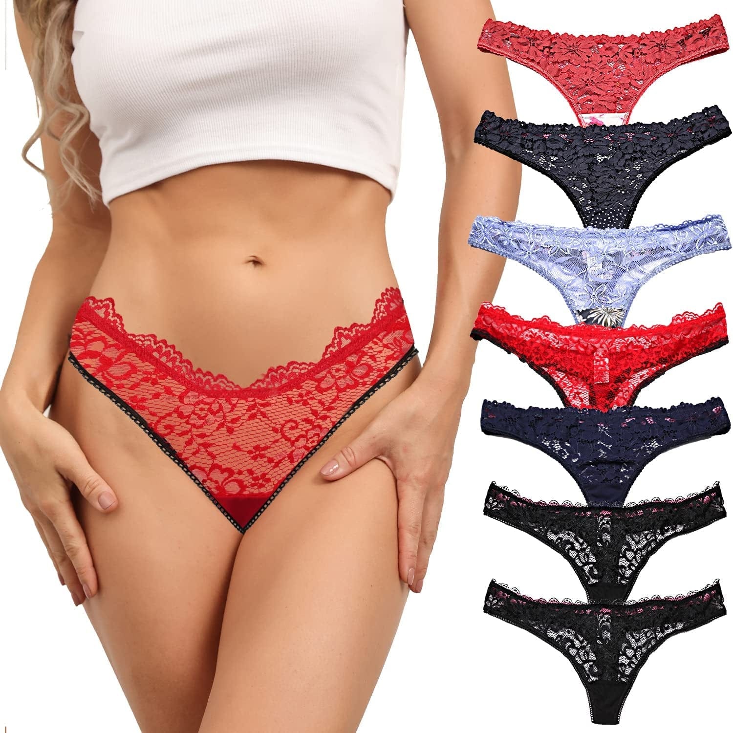 ADOVAKKER Womens Thong Cotton Sexy Lace T Back Panties Underwear Pack of 6 Multicolored B-M B-7 Pcs / XX-Large