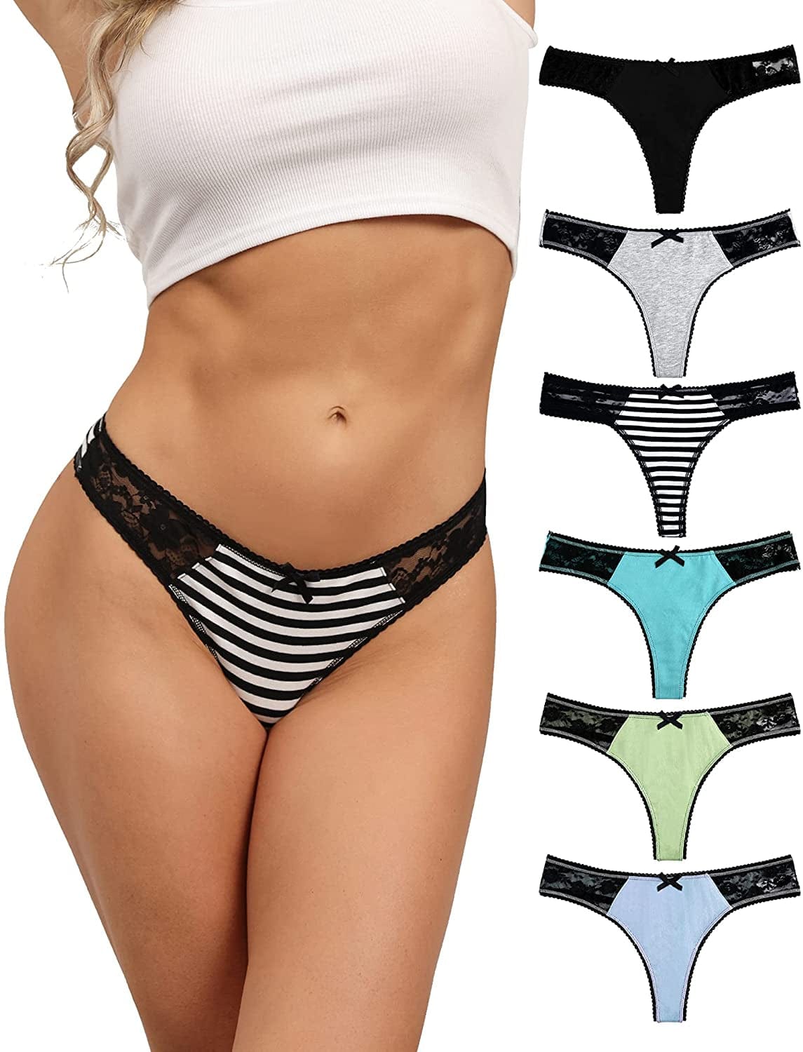 ADOVAKKER Womens Thong Cotton Sexy Lace T Back Panties Underwear Pack of 6 Multicolored B-M Multicolor / X-Large