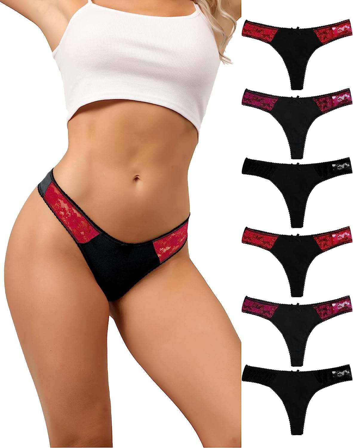 ADOVAKKER Womens Thong Cotton Sexy Lace T Back Panties Underwear Pack of 6 Multicolored B-M Black and Red / Large