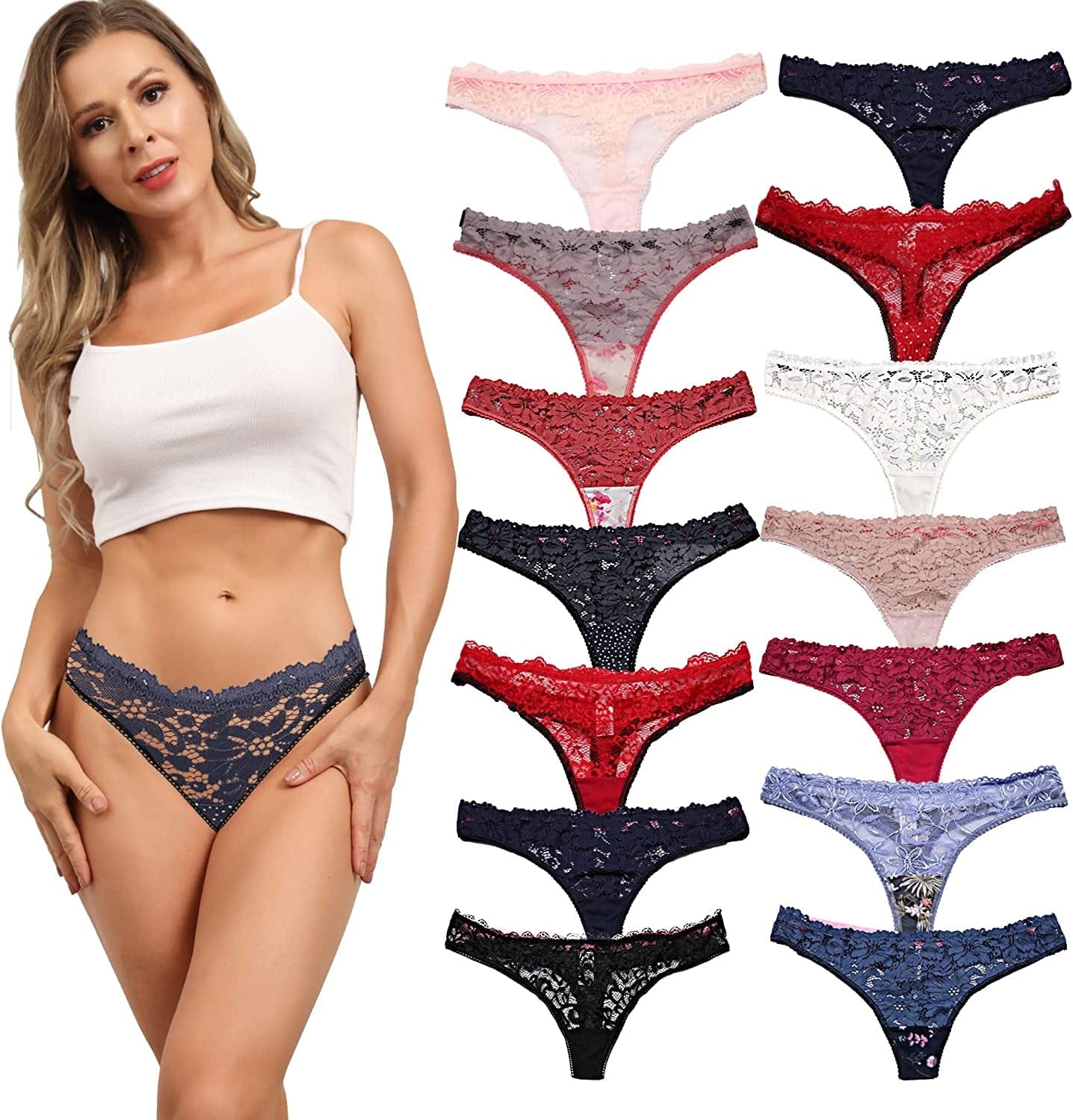 ADOVAKKER Womens Thong Cotton Sexy Lace T Back Panties Underwear Pack of 6 Multicolored B-M A-8 Pcs / X-Large