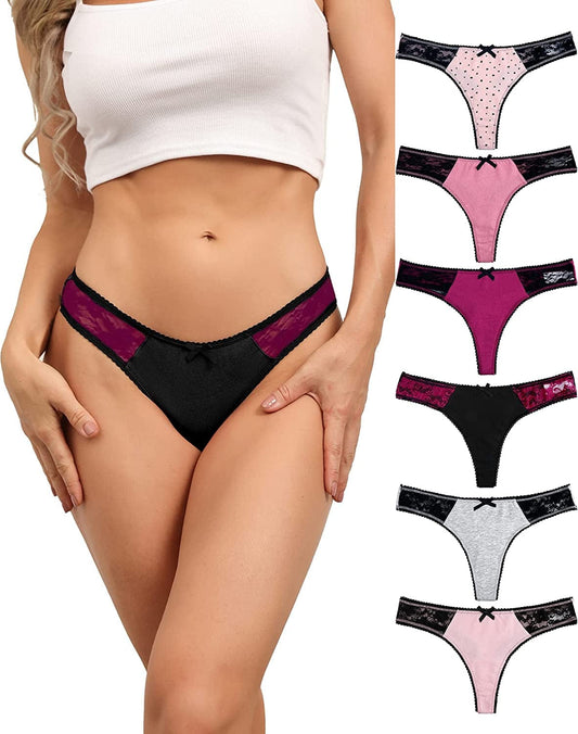 ADOVAKKER Womens Thong Cotton Sexy Lace T Back Panties Underwear Pack of 6 Multicolored B-M Thongs-assorted A-6pcs / XX-Large