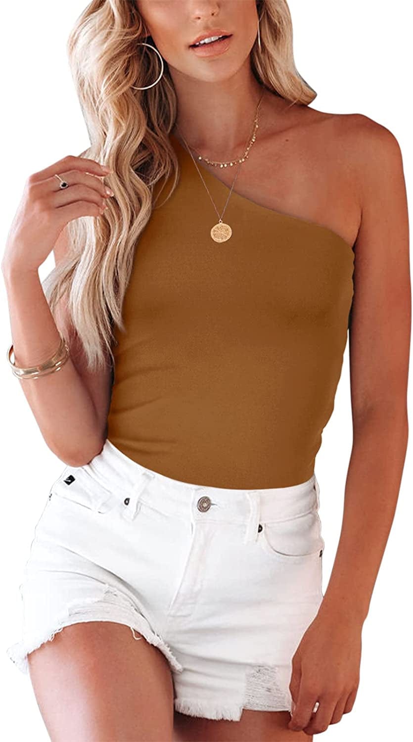 Adreamly Women'S Sexy Sleeveless One Shoulder Back Cut Out Bodysuit Tank Top 02_brown / X-Large