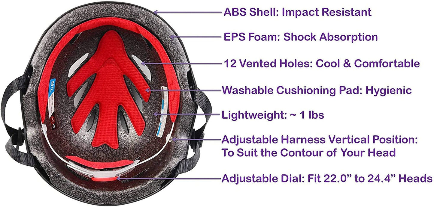 Adult Helmet with LED Safety Light – Commuter Bicycle Helmet for Men and Women - Adjustable Dial for Head Circumference 22.5" to 24" (Head Size M to L) - Certified for Safety
