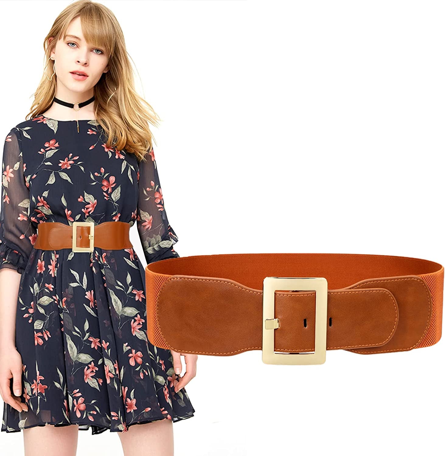 Women Wide Cinch Waist Belt Ladies Fashion Belt for Dresses with Metal Buckle Apparel & Accessories > Clothing Accessories > Belts SUOSDEY 05-brown-golden Buckle Fit Waist 32"-37"
