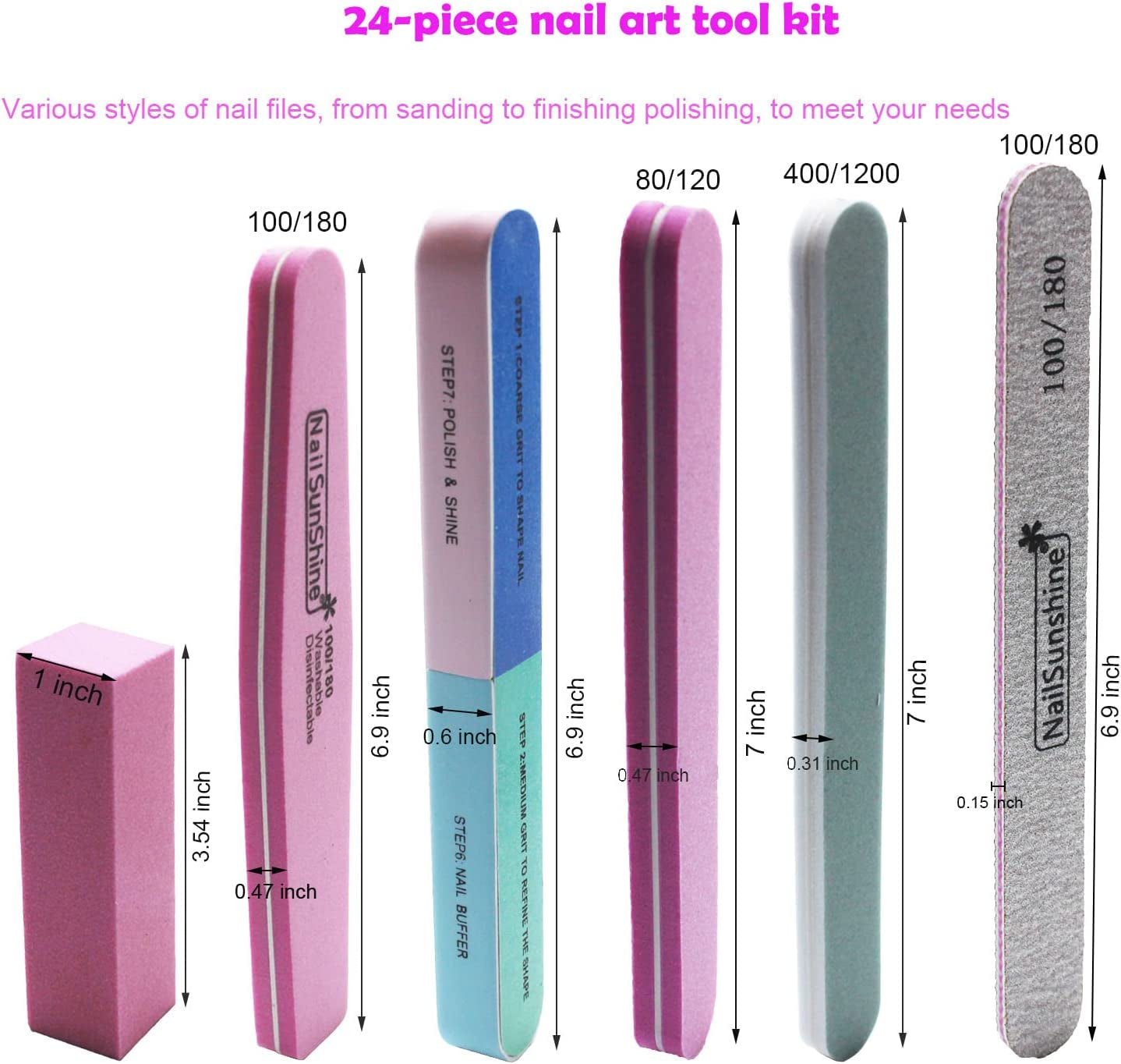 Nail Files and Buffers, 24 Pieces Manicure Tools Kit, Rectangular Nail Buffer Block and 100/180 & 80/100 Grit Nail File, 7 Way Nail File & Nail Polishing Buffer for Nail Care Health & Beauty > Personal Care > Cosmetics > Cosmetic Tools > Nail Tools Ourart