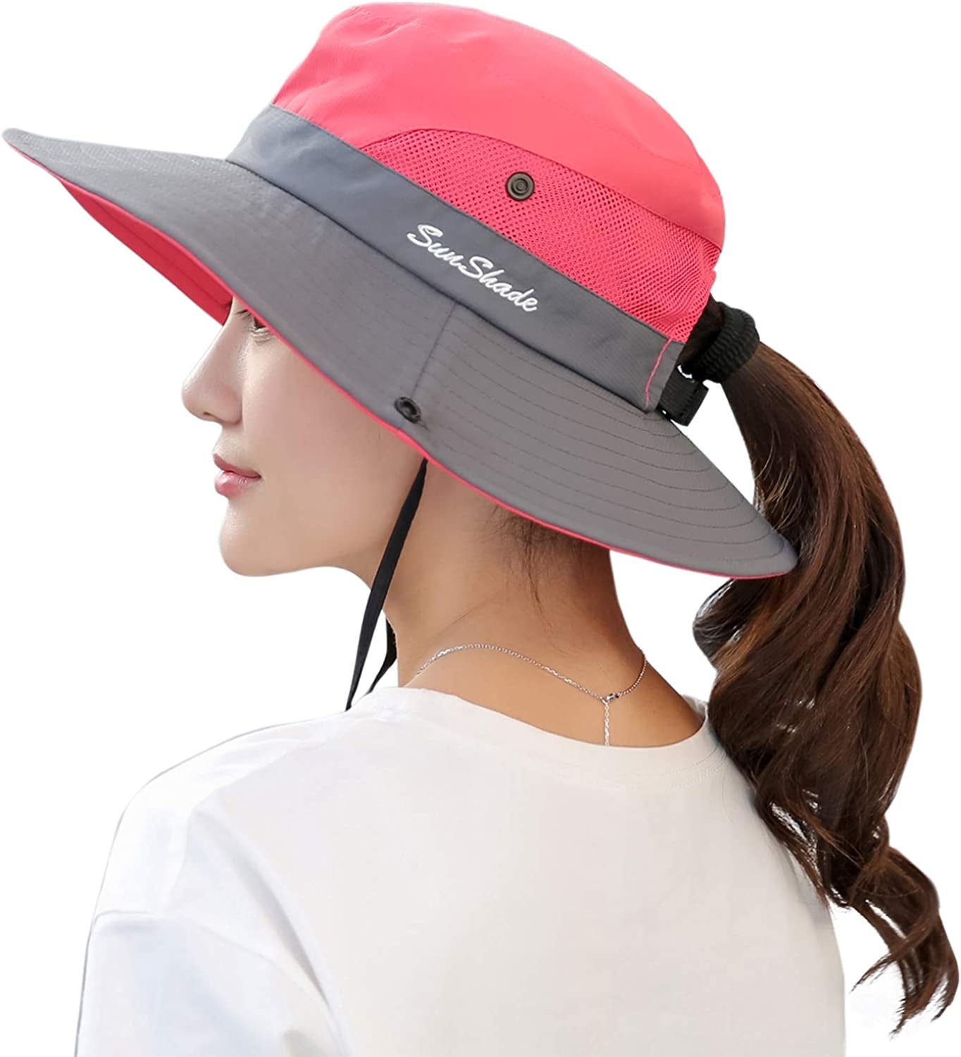 Muryobao Women'S Ponytail Sun Hat UV Protection Foldable Mesh Wide Brim Beach Fishing Hat Apparel & Accessories > Clothing Accessories > Hats Muryobao Watermelon Red