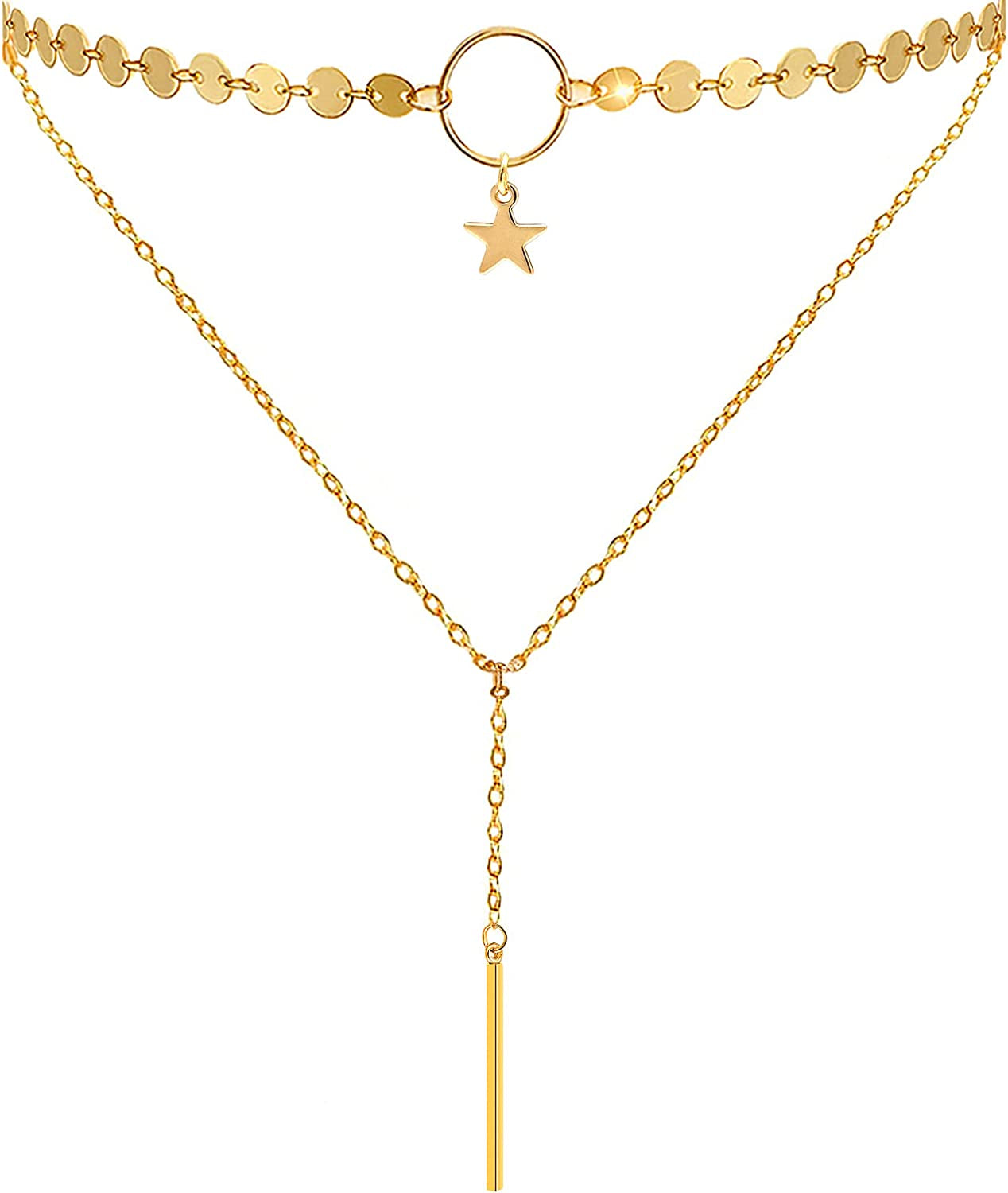 Suyi Stylish Layered Sequins Choker Necklace with Thin Long Chain Pendant for Women Lady Girl Apparel & Accessories > Jewelry > Necklaces Suyi B-Gold