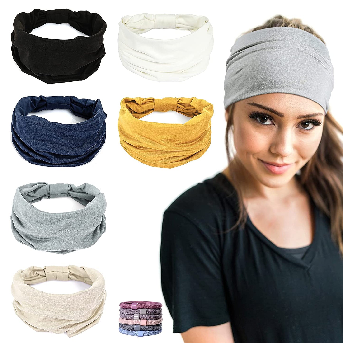 Gili 6 Pack Wide Headbands for Women Non Slip Soft Elastic Hair Bands Yoga Running Sports Workout Gym Head Wraps , Knotted Cotton Cloth African Turbans Bandana ( with 6 Pcs Hair Ties) Apparel & Accessories > Clothing Accessories > Bandanas & Headties GILI 6 Color (White+Black+Navy+Yellow+Light Grey+Skin)