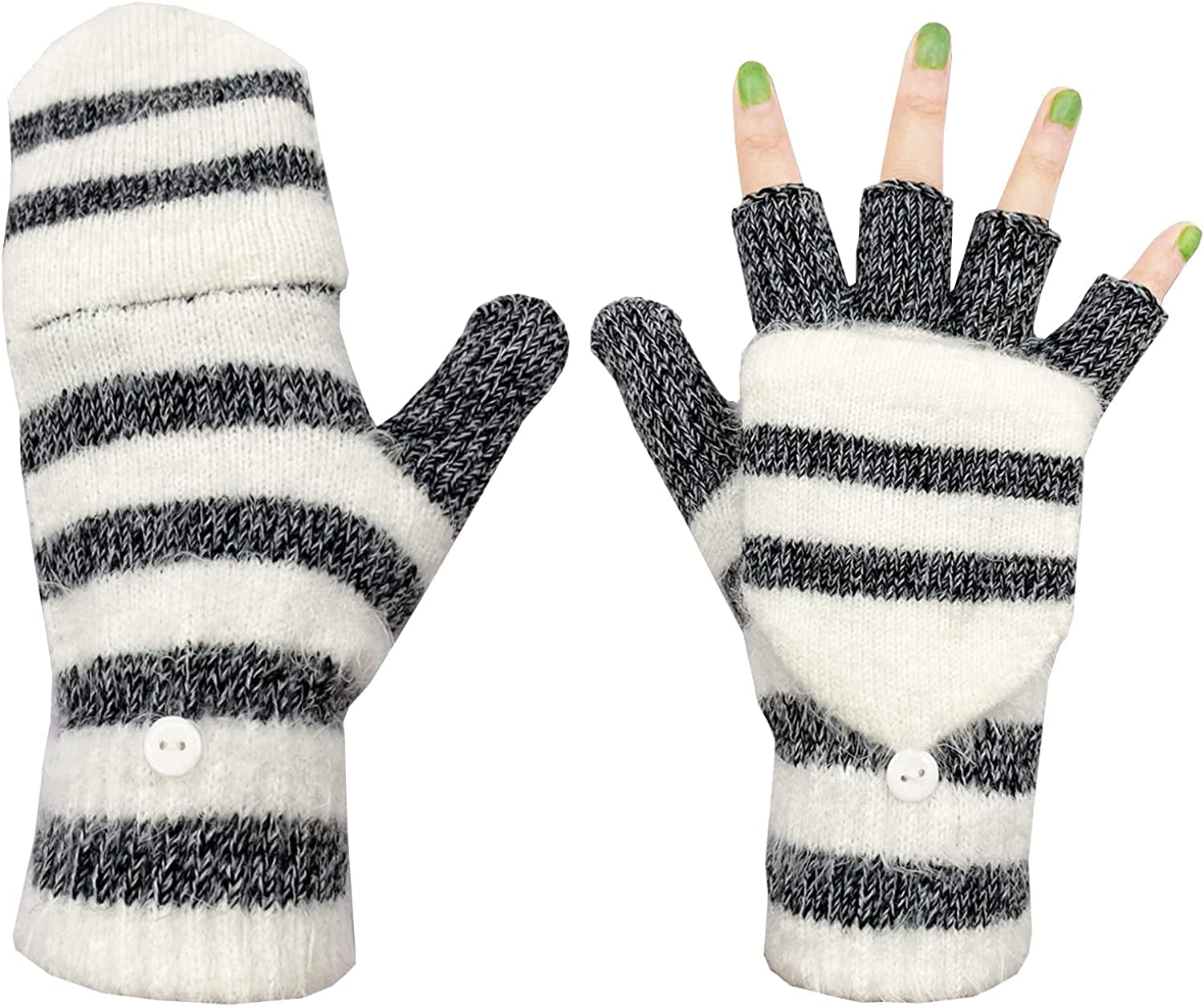 Beurlike Women'S Winter Gloves Warm Wool Knitted Convertible Fingerless Mittens Apparel & Accessories > Clothing Accessories > Gloves & Mittens Beurlike Black White
