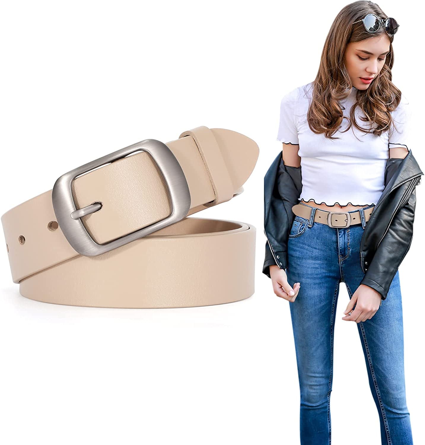 Fashion Womens Leather Belts SUOSDEY with Pin Buckle Waist Belt for Jeans Pants Apparel & Accessories > Clothing Accessories > Belts SUOSDEY 11-beige With Brushed Buckle X-Large: fits waist from 43"-46"
