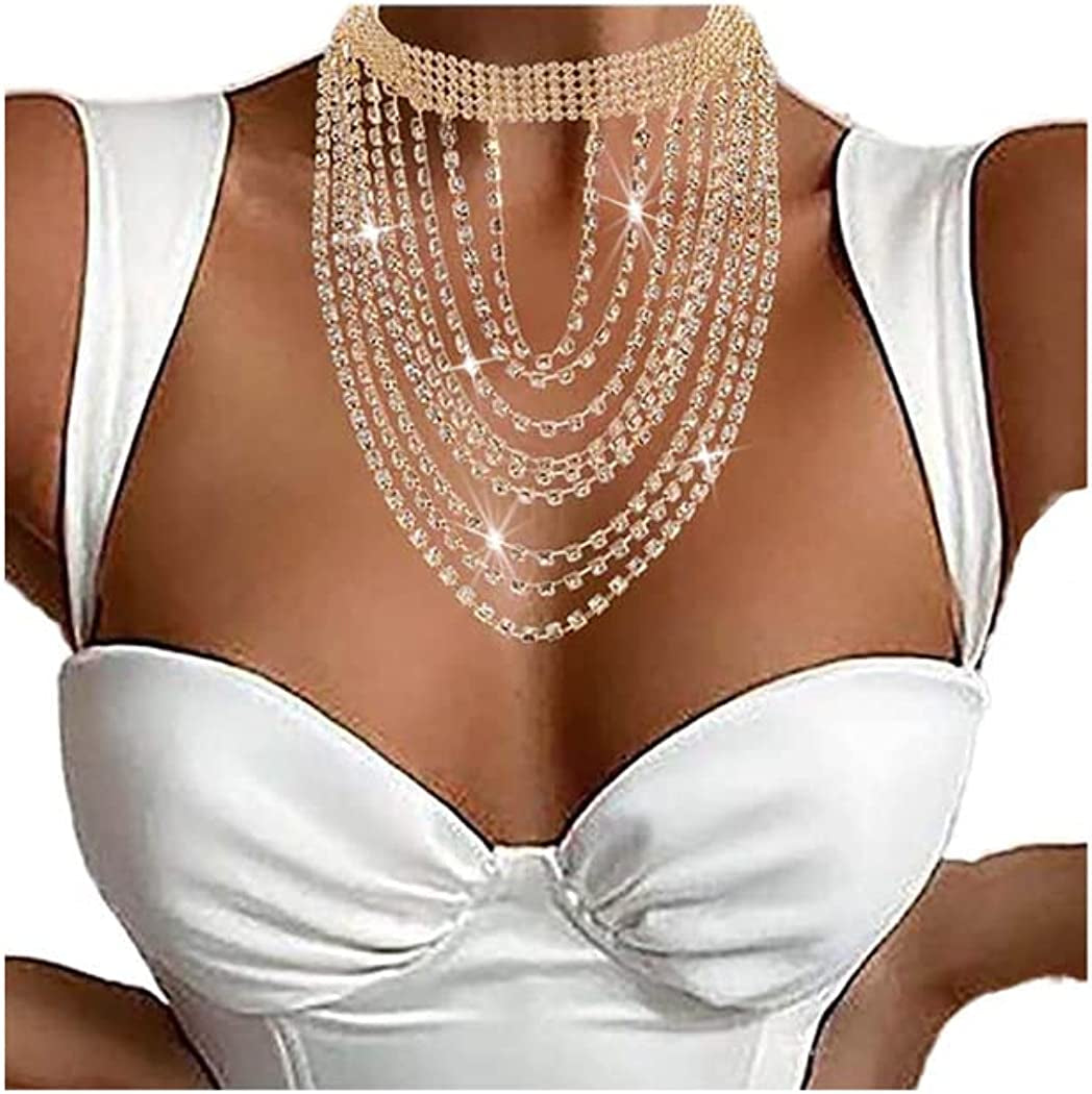 Shiny Rhinestone Layered Choker Sexy Gold Glitter Crystal Statement Necklace Metal Chains Evening Rave Nightclub Adjustable Body Accessories Jewelry for Women Apparel & Accessories > Jewelry > Body Jewelry China Layered