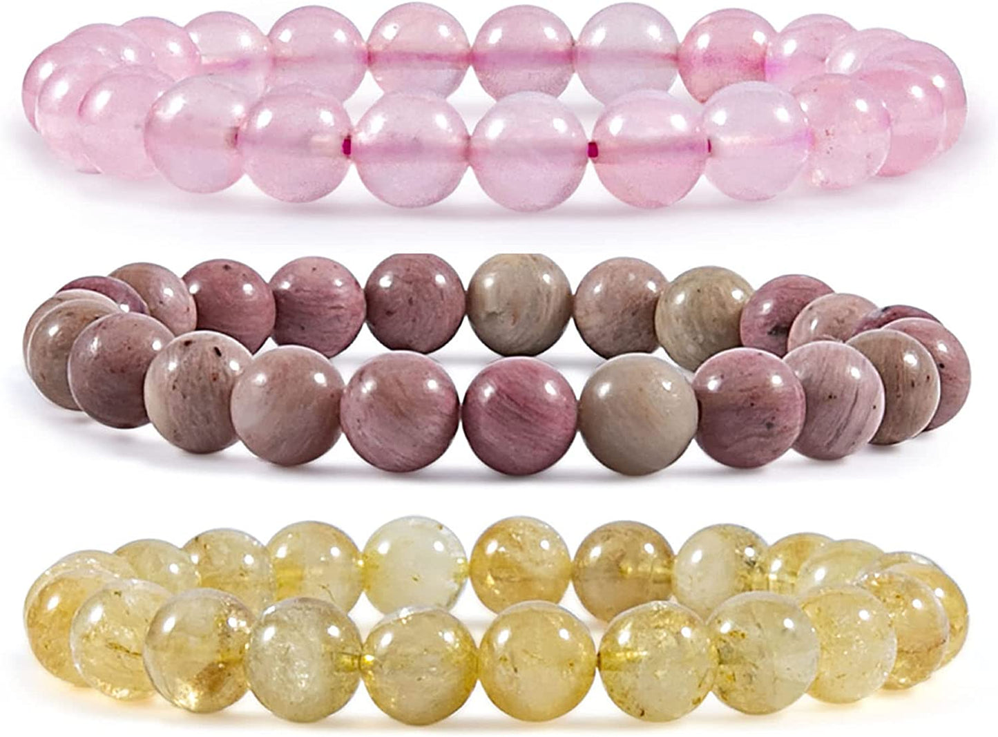 Bivei Natural Gem Semi Precious Reiki Healing Crystals Handmade 8Mm round Beads Stretch Bracelet Apparel & Accessories > Jewelry > Bracelets Bivei 3PCS SET(Rose Quartz+Rhodonite+Citrine)