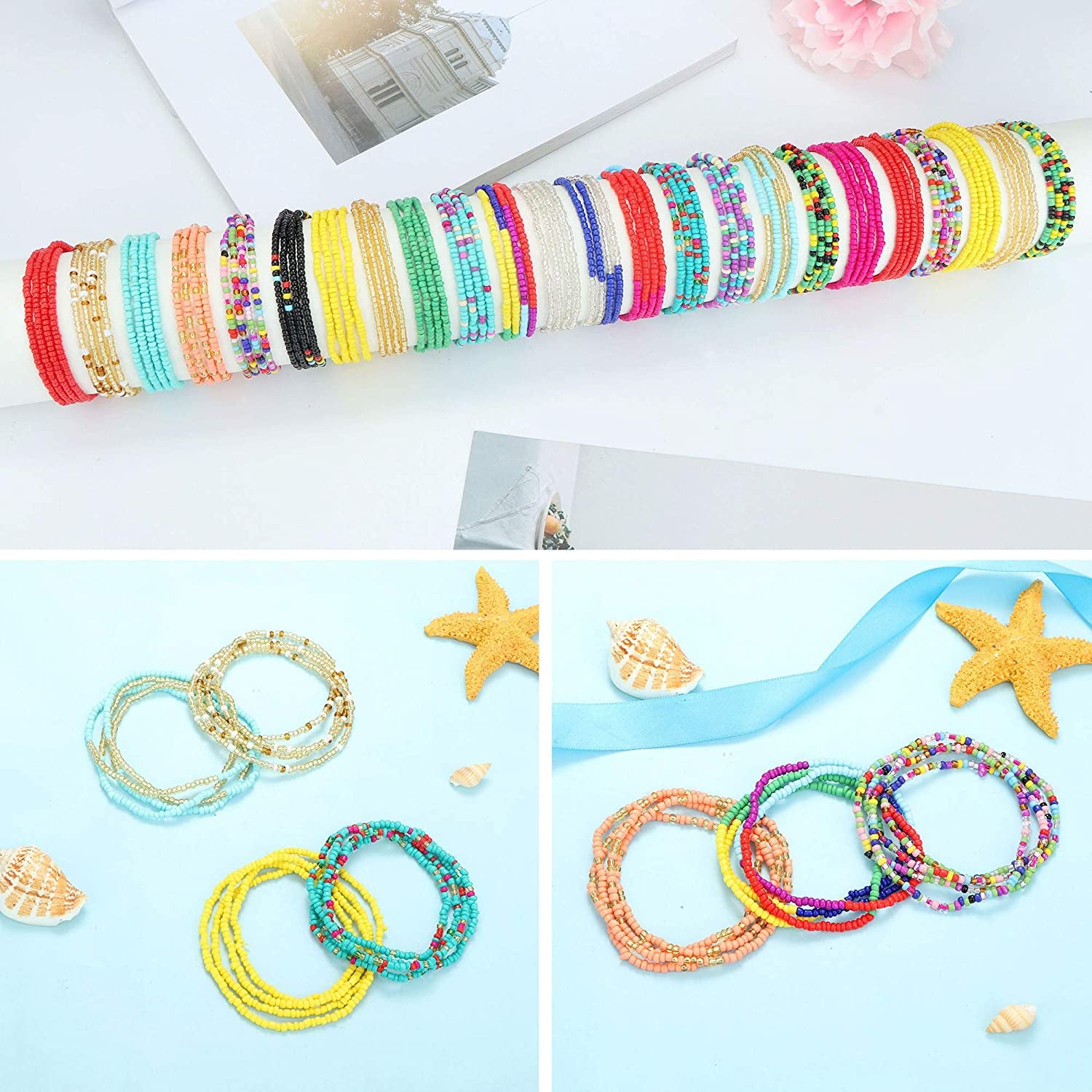 FIBO STEEL 24 Pcs Belly Waist Necklace Chain Summer Jewelry Bikini Body Chain for Women African Waist Bead Set Stretchy Elastic String Multi-Color Sexy Bracelet Anklet Apparel & Accessories > Jewelry > Body Jewelry FIBO STEEL