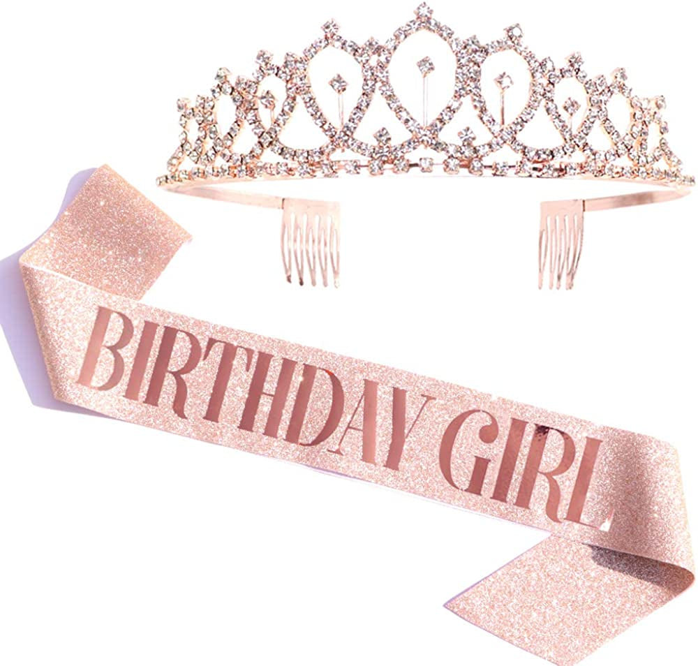 Birthday Girl Sash & Rhinestone Tiara Kit - Rose Gold Birthday Gifts Glitter Birthday Sash Birthday Party Favors Apparel & Accessories > Clothing Accessories > Sashes ADBetty