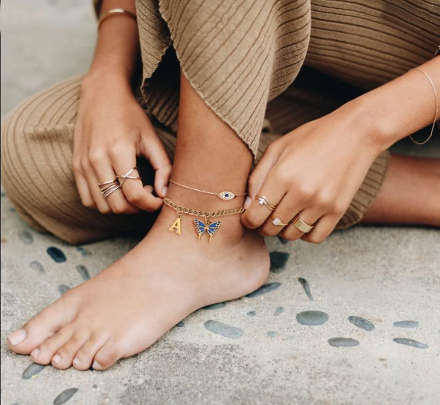 SAM & LORI 2 Pcs Anklets Set 18K Gold Plated Dainty Layered Personalized Initial Anklets Bracelets - Blue Butterfly - Sparkling CZ Evil Eye - Adjustable Summer Jewelry for Women Teen Girls Apparel & Accessories > Jewelry > Anklets SAM & LORI