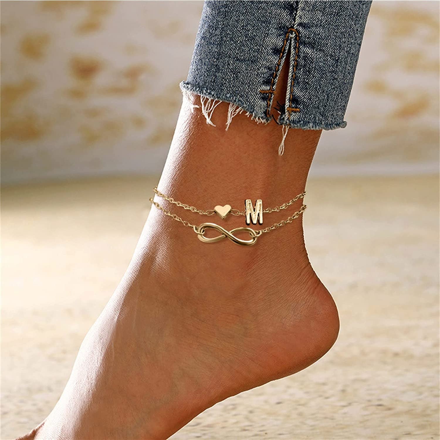 Heart Layer Anklet Female Bracelets Letters Letters Chain Double Initial 26 Letter Alert Bracelet for (M, One Size) Apparel & Accessories > Jewelry > Anklets Generic