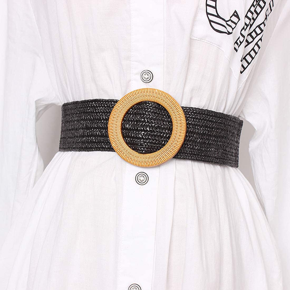 Women Skinny Dress Belt, Fashion Straw Woven Elastic Stretch Waist Band Wood Buckle Belt Apparel & Accessories > Clothing Accessories > Belts YUCFOREN Type 2-black Waist below 39"