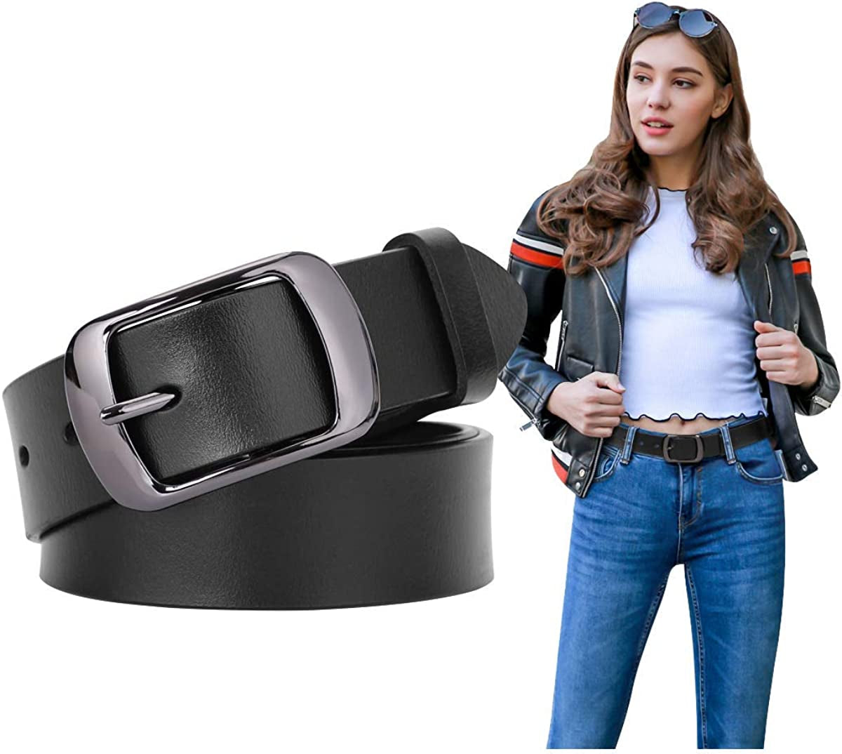 Fashion Womens Leather Belts SUOSDEY with Pin Buckle Waist Belt for Jeans Pants Apparel & Accessories > Clothing Accessories > Belts SUOSDEY 06-black With Gun Color Buckle X-Large: fits waist from 43"-46"