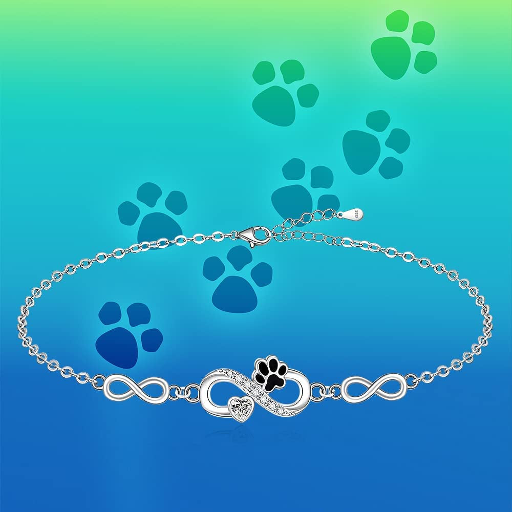 Paw Print Anklet S925 Sterling Silver Infinity Heart Puppy Dog Cat Ankle Bracelets for Women Girls Beach Pet Barefoot Paws Hawaiian Boho Cute Adjustable Anklets Mothers Day Gifts Apparel & Accessories > Jewelry > Anklets Fenthring