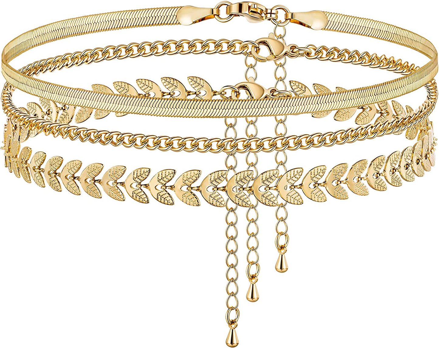 Tasiso 14K Gold Plated Layered Satellite Beads Heart Anklets Layering Rhinestone Cubic Zirconia Ankle Bracelets for Women Minimalist Summer Beach Foot Chain Ankle Jewelry Gifts Apparel & Accessories > Jewelry > Anklets Tasiso 3 Layered Snake Cuban Fishbone-Gold