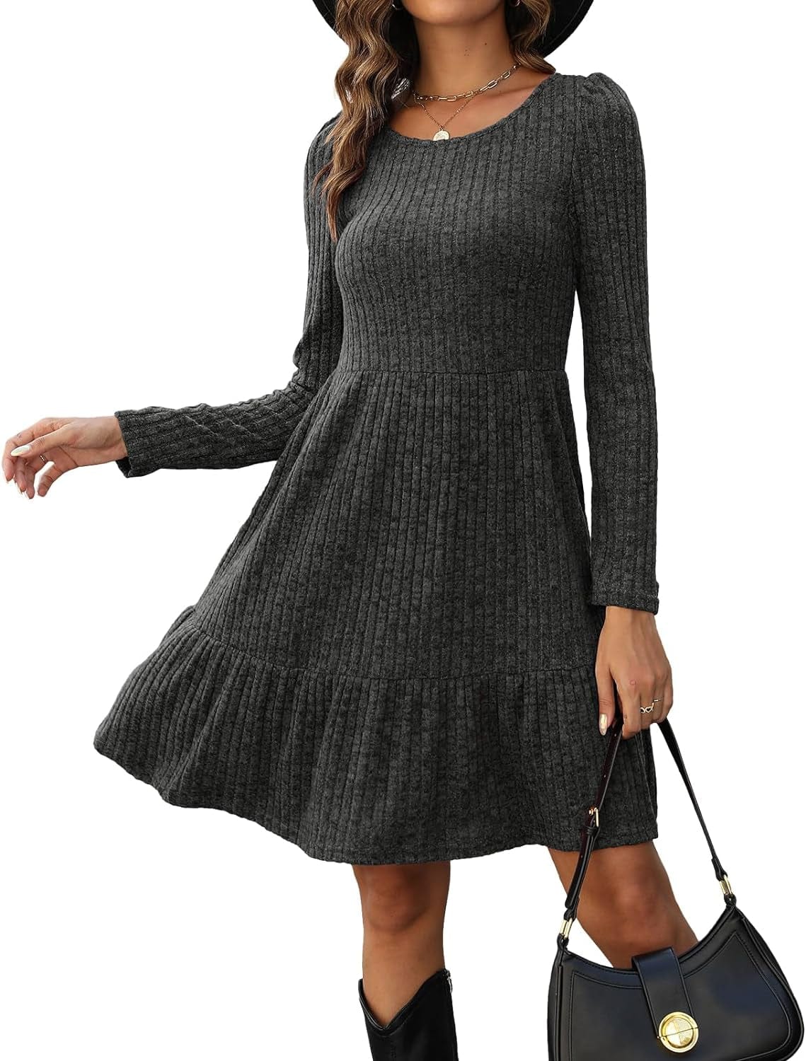 AGSEEM Womens Winter Crewneck Long Sleeve Dresses Knee Length Knit Sweater Dress 03-Dark Grey / Large