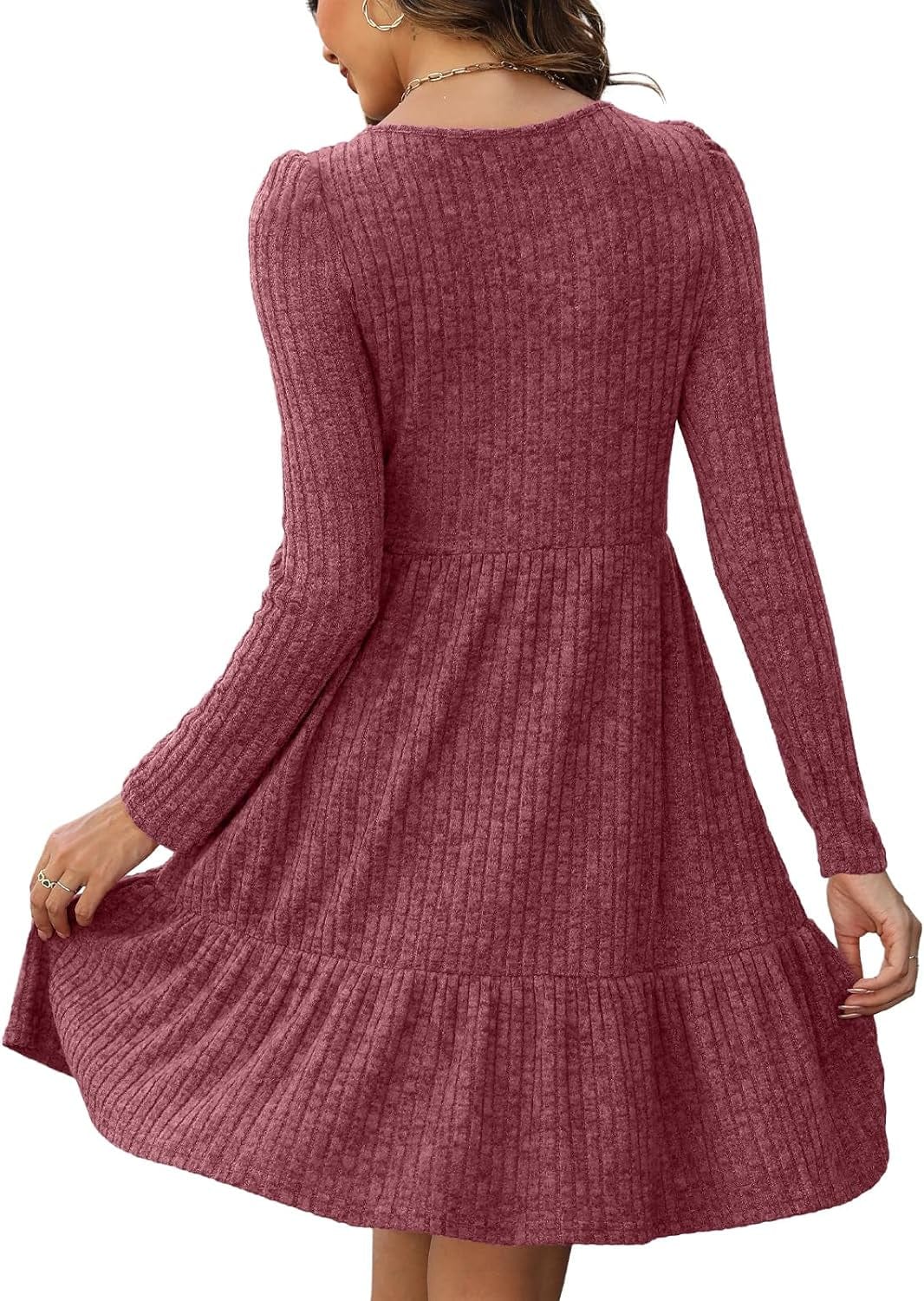 AGSEEM Womens Winter Crewneck Long Sleeve Dresses Knee Length Knit Sweater Dress