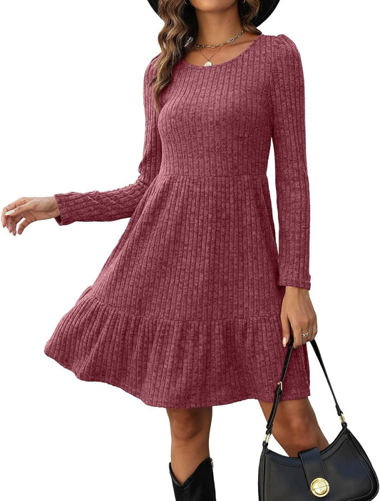 AGSEEM Womens Winter Crewneck Long Sleeve Dresses Knee Length Knit Sweater Dress