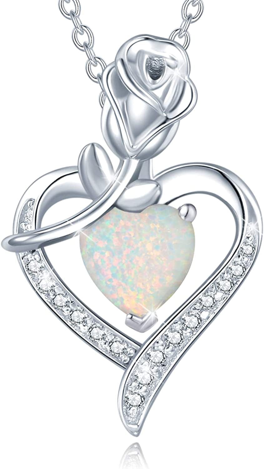 Agvana Fine Jewelry Birthstone Necklace Christmas Gifts for Women Sterling Silver Genuine or Created Gemstone Rose Flower Heart Pendant Necklace Anniversary Birthday Gifts for Women Girls Mom Lady Her 10 Oct - Created Opal