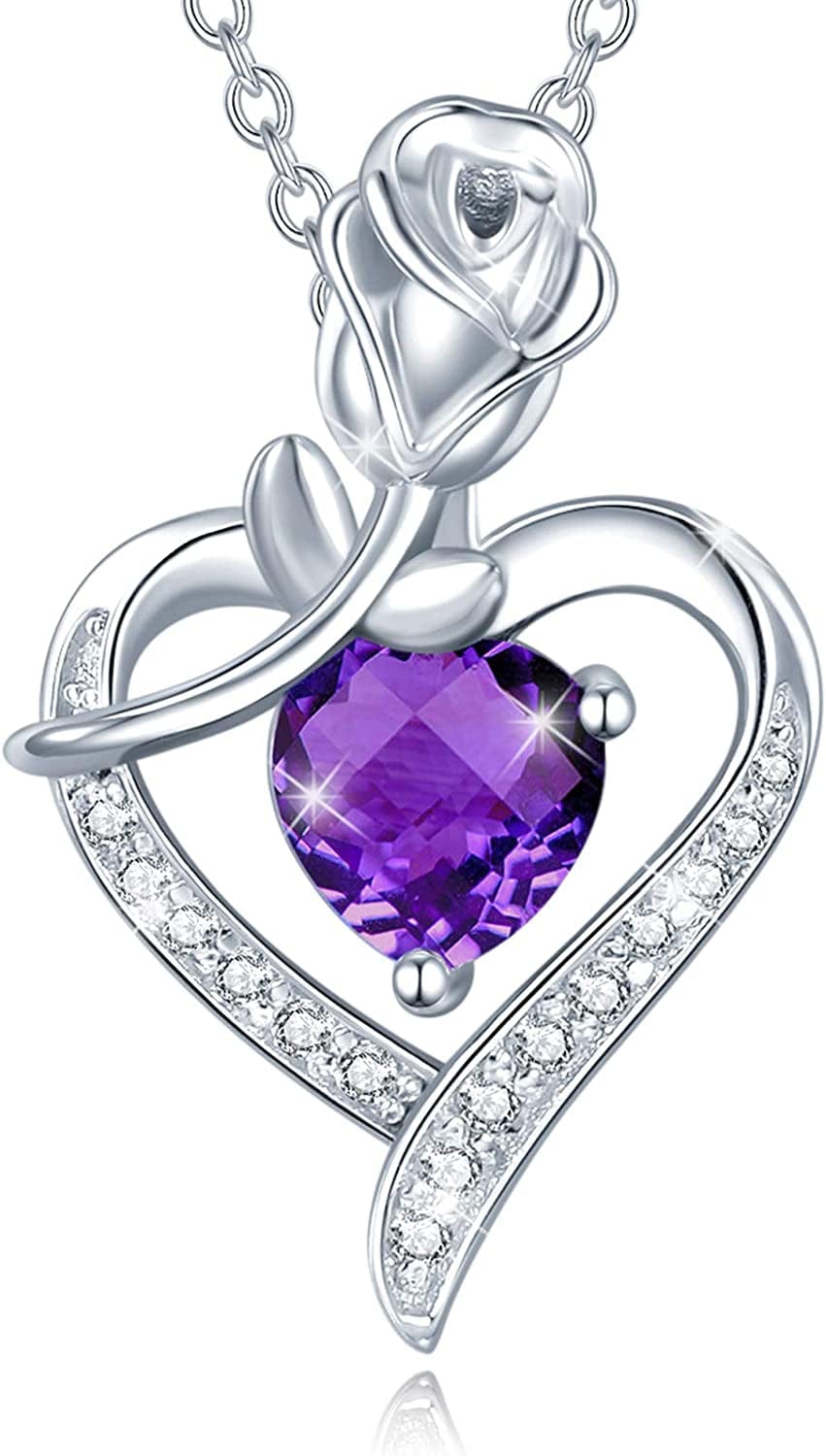 Agvana Fine Jewelry Birthstone Necklace Christmas Gifts for Women Sterling Silver Genuine or Created Gemstone Rose Flower Heart Pendant Necklace Anniversary Birthday Gifts for Women Girls Mom Lady Her 02 Feb - Natural Amethyst