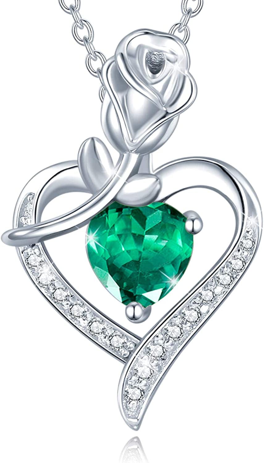 Agvana Fine Jewelry Birthstone Necklace Christmas Gifts for Women Sterling Silver Genuine or Created Gemstone Rose Flower Heart Pendant Necklace Anniversary Birthday Gifts for Women Girls Mom Lady Her 05 May - Created Emerald