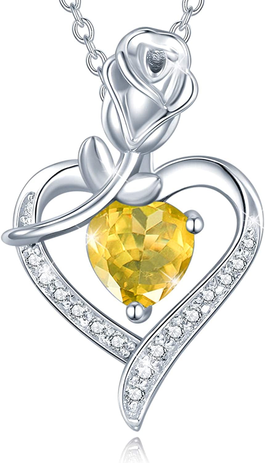 Agvana Fine Jewelry Birthstone Necklace Christmas Gifts for Women Sterling Silver Genuine or Created Gemstone Rose Flower Heart Pendant Necklace Anniversary Birthday Gifts for Women Girls Mom Lady Her 11 Nov - Natural Citrine