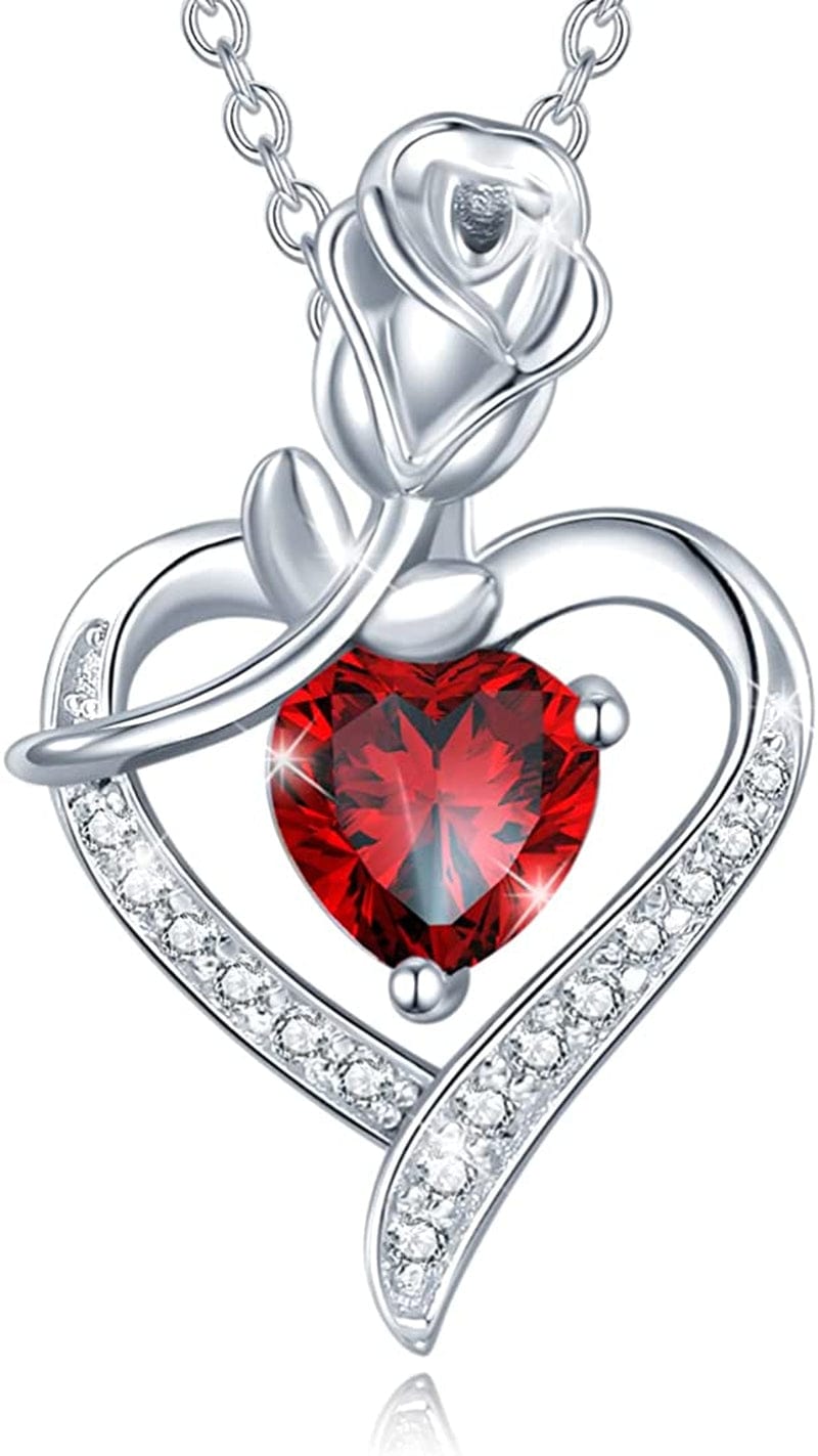 Agvana Fine Jewelry Birthstone Necklace Christmas Gifts for Women Sterling Silver Genuine or Created Gemstone Rose Flower Heart Pendant Necklace Anniversary Birthday Gifts for Women Girls Mom Lady Her 01 Jan - Natural Garnet