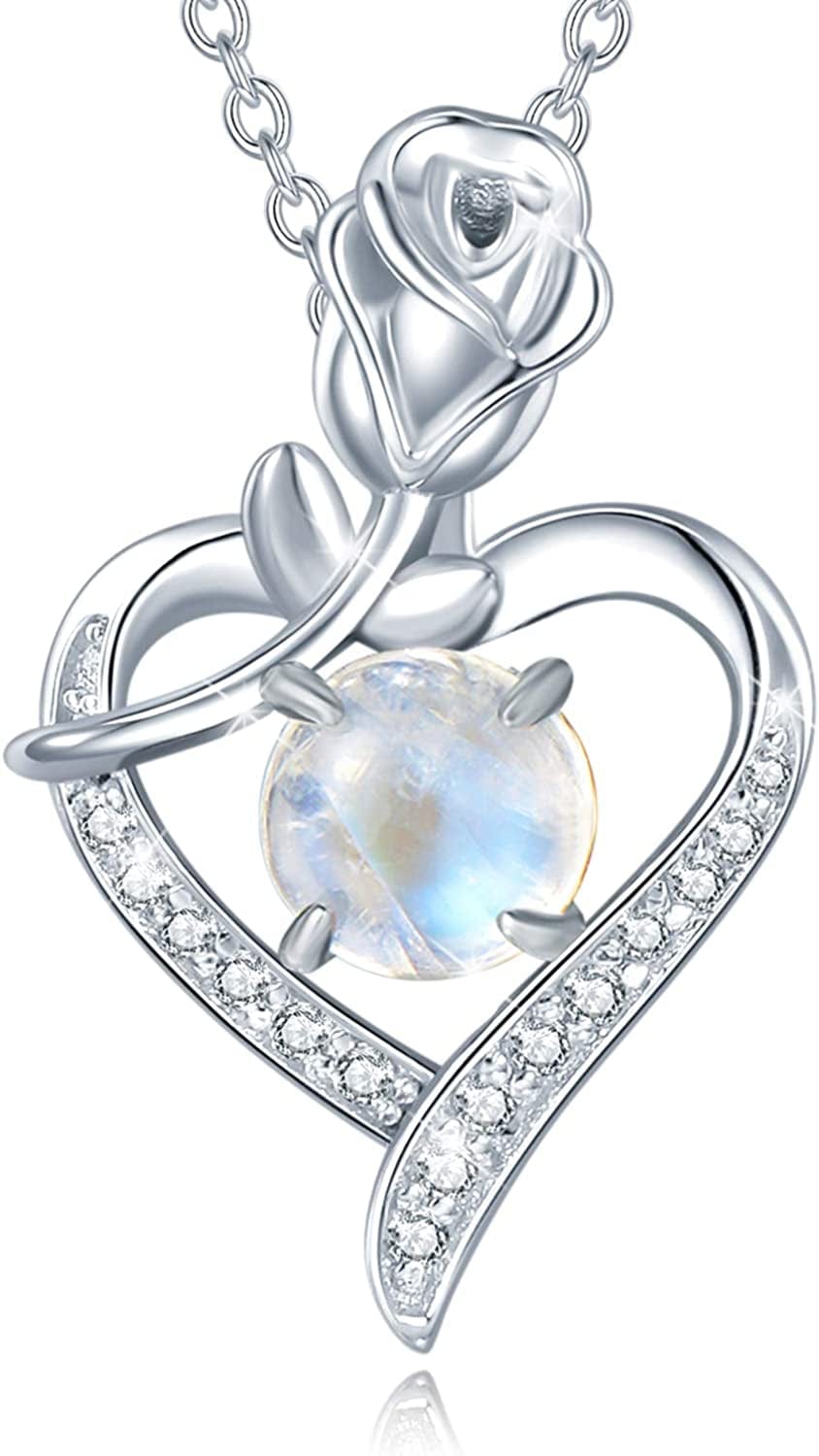 Agvana Fine Jewelry Birthstone Necklace Christmas Gifts for Women Sterling Silver Genuine or Created Gemstone Rose Flower Heart Pendant Necklace Anniversary Birthday Gifts for Women Girls Mom Lady Her 06 Jun - Genuine Moonstone