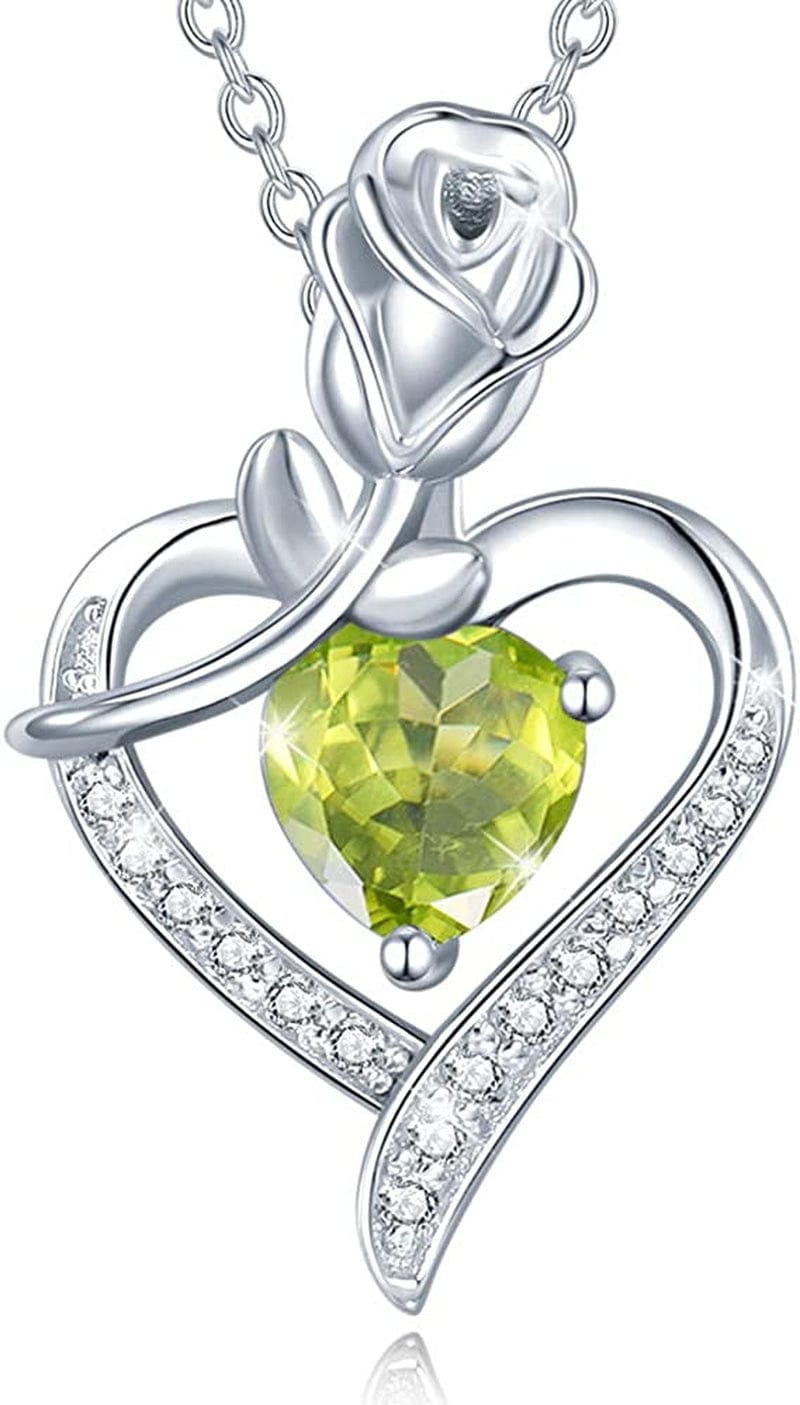 Agvana Fine Jewelry Birthstone Necklace Christmas Gifts for Women Sterling Silver Genuine or Created Gemstone Rose Flower Heart Pendant Necklace Anniversary Birthday Gifts for Women Girls Mom Lady Her 08 Aug - Natural Peridot