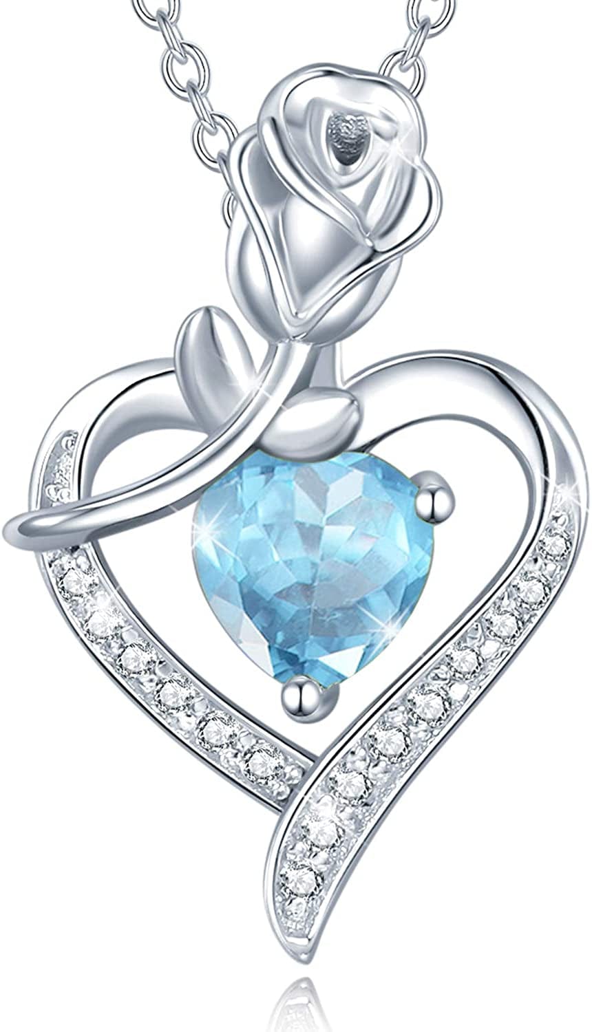 Agvana Fine Jewelry Birthstone Necklace Christmas Gifts for Women Sterling Silver Genuine or Created Gemstone Rose Flower Heart Pendant Necklace Anniversary Birthday Gifts for Women Girls Mom Lady Her 03 Mar - Created Aquamarine