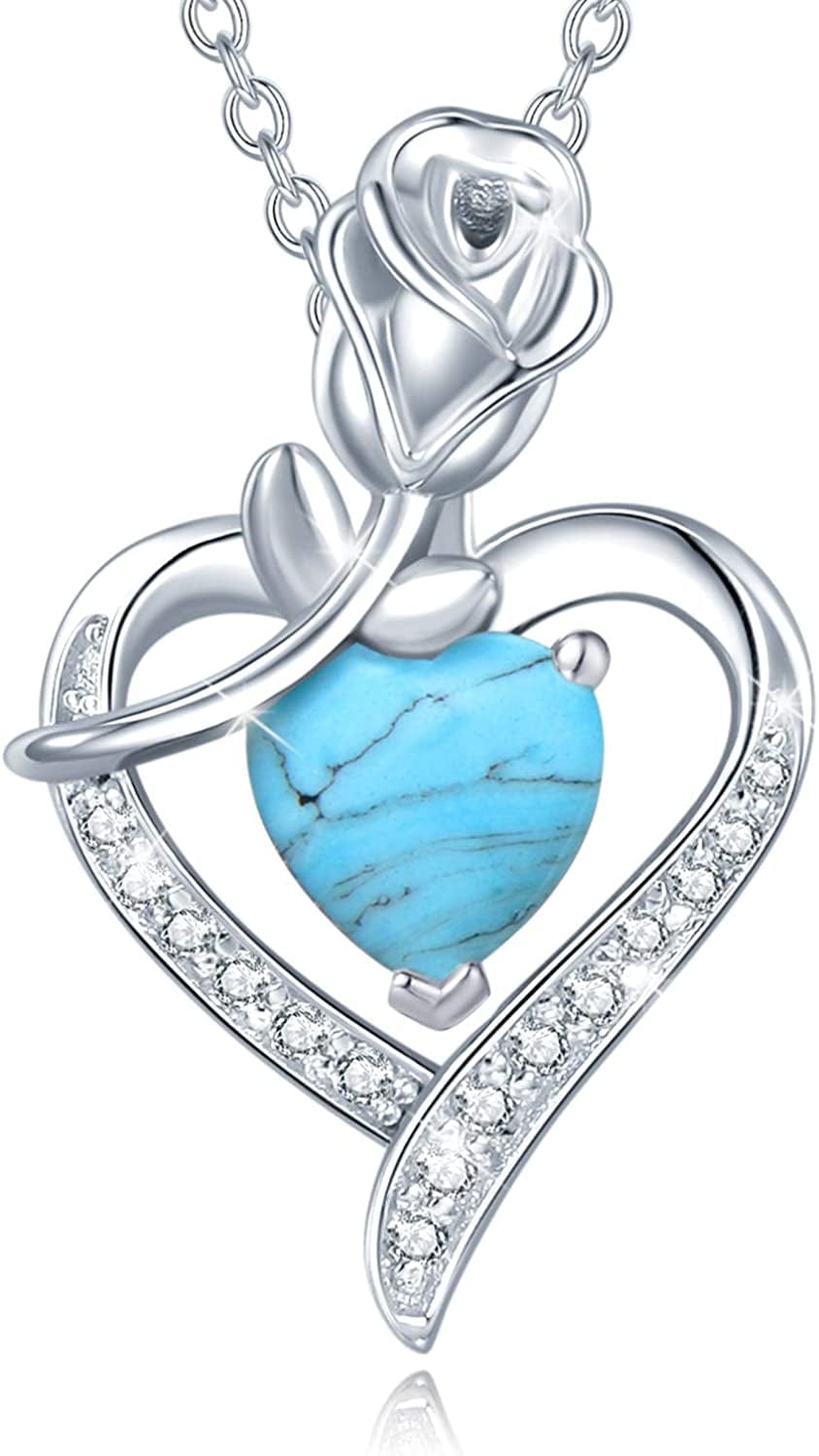 Agvana Fine Jewelry Birthstone Necklace Christmas Gifts for Women Sterling Silver Genuine or Created Gemstone Rose Flower Heart Pendant Necklace Anniversary Birthday Gifts for Women Girls Mom Lady Her 12 Dec - Created Turquoise