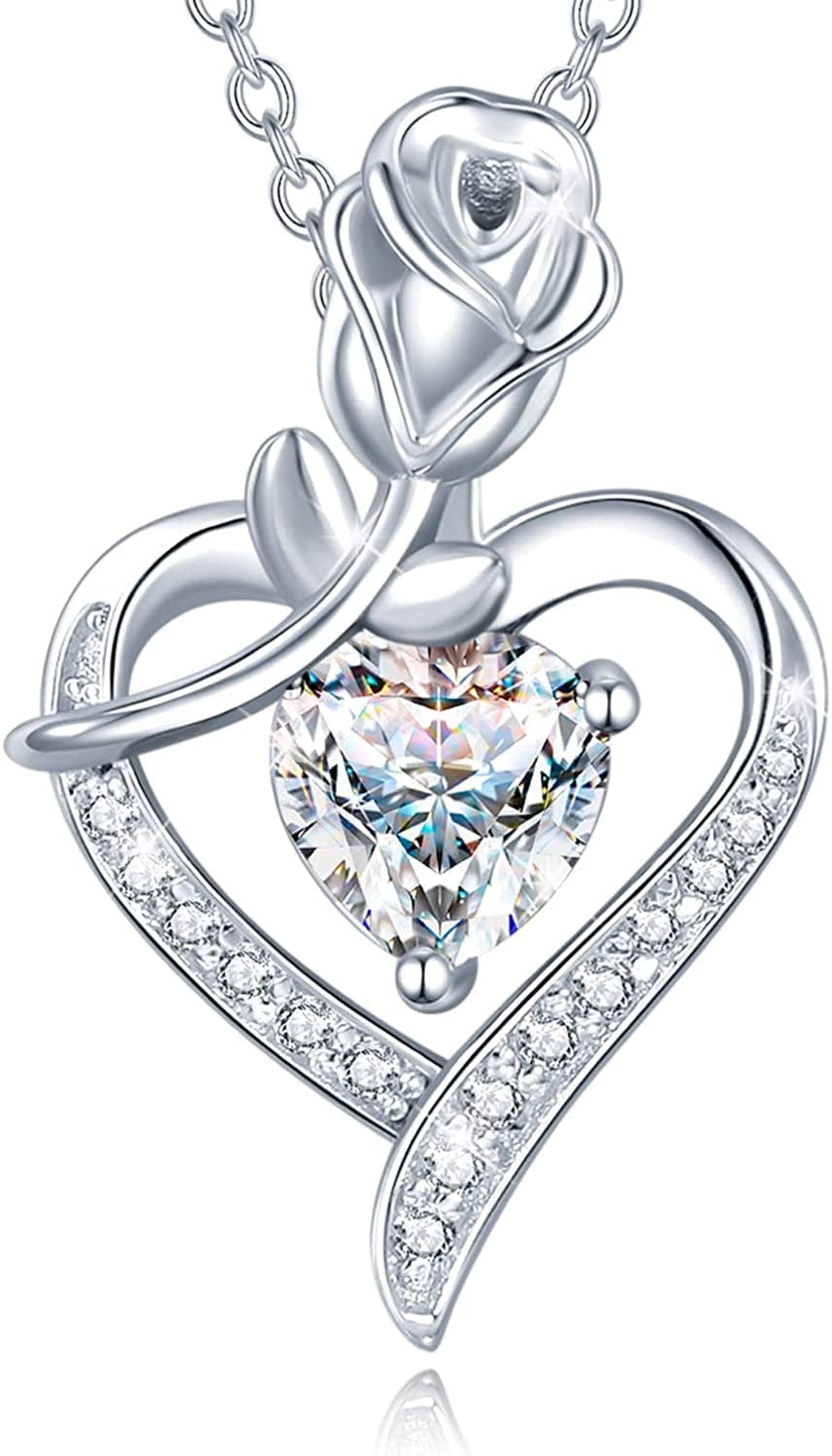 Agvana Fine Jewelry Birthstone Necklace Christmas Gifts for Women Sterling Silver Genuine or Created Gemstone Rose Flower Heart Pendant Necklace Anniversary Birthday Gifts for Women Girls Mom Lady Her 04 Apr - Simulated Diamond