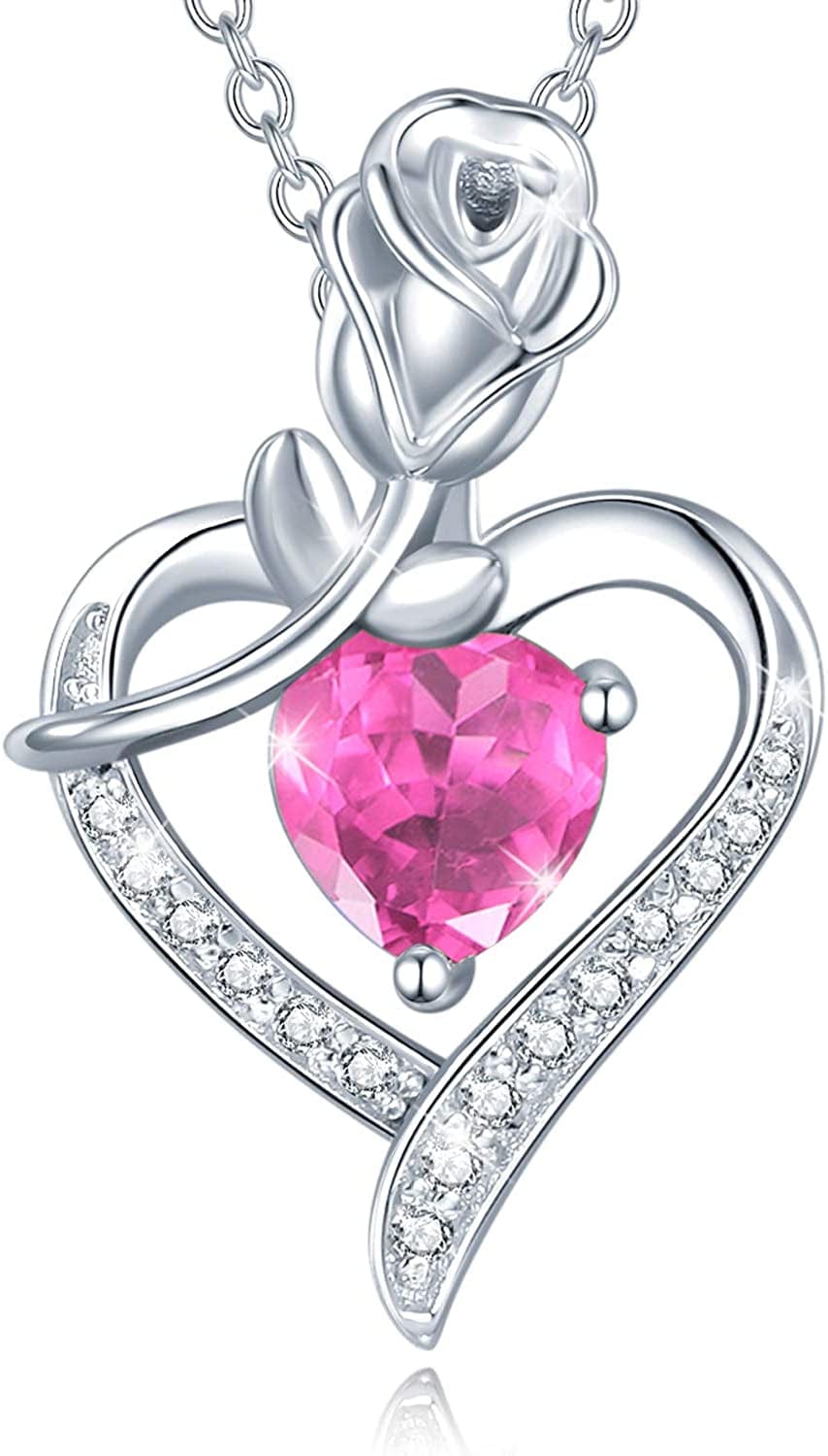 Agvana Fine Jewelry Birthstone Necklace Christmas Gifts for Women Sterling Silver Genuine or Created Gemstone Rose Flower Heart Pendant Necklace Anniversary Birthday Gifts for Women Girls Mom Lady Her 10 Oct - Created Tourmaline