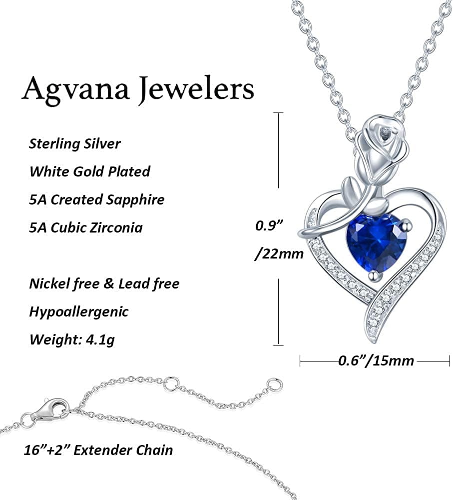 Agvana Fine Jewelry Birthstone Necklace Christmas Gifts for Women Sterling Silver Genuine or Created Gemstone Rose Flower Heart Pendant Necklace Anniversary Birthday Gifts for Women Girls Mom Lady Her