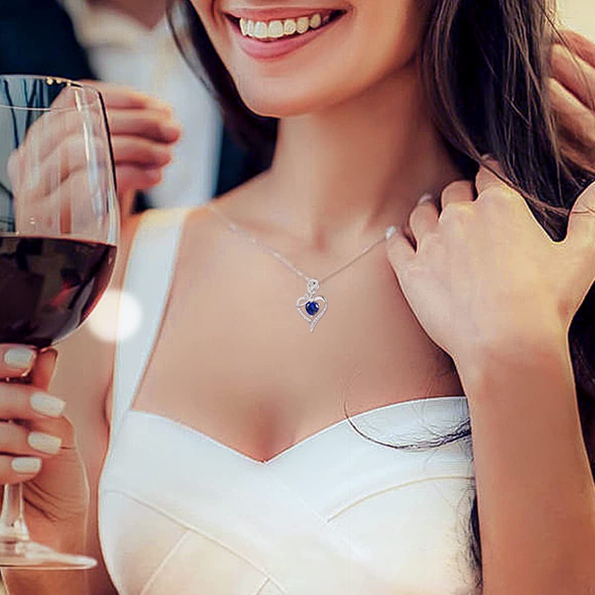 Agvana Fine Jewelry Birthstone Necklace Christmas Gifts for Women Sterling Silver Genuine or Created Gemstone Rose Flower Heart Pendant Necklace Anniversary Birthday Gifts for Women Girls Mom Lady Her