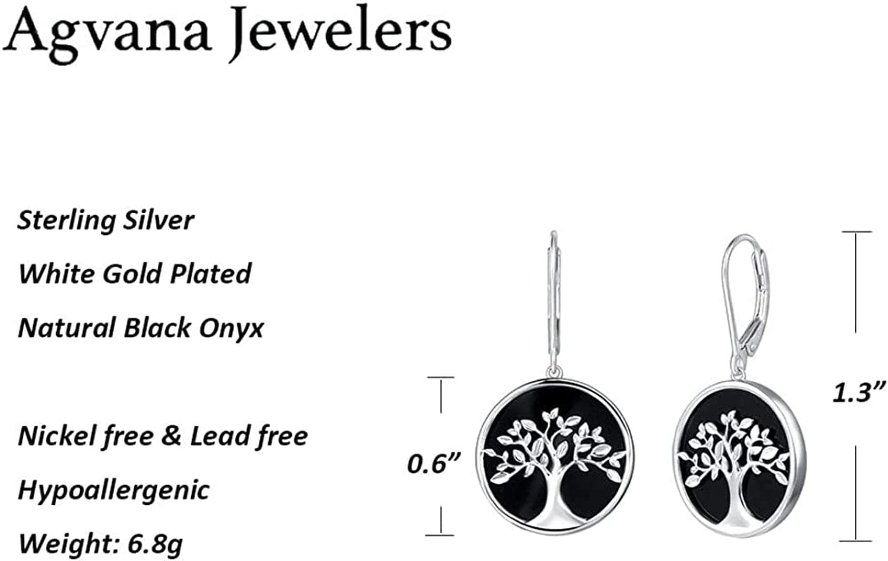 Agvana Tree of Life Necklace Earrings Christmas Gifts for Women Sterling Silver Genuine Black Onyx CZ Family Tree Jewelry Anniversary Birthday Gifts for Women Girls Mom Lady Grandma Wife Yourself Apparel & Accessories > Jewelry > Earrings AGVANA