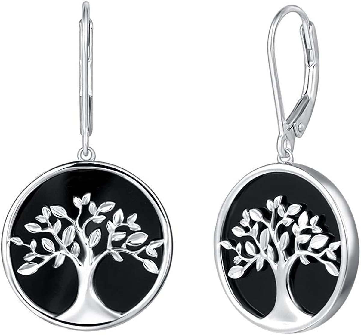 Agvana Tree of Life Necklace Earrings Christmas Gifts for Women Sterling Silver Genuine Black Onyx CZ Family Tree Jewelry Anniversary Birthday Gifts for Women Girls Mom Lady Grandma Wife Yourself Earrings