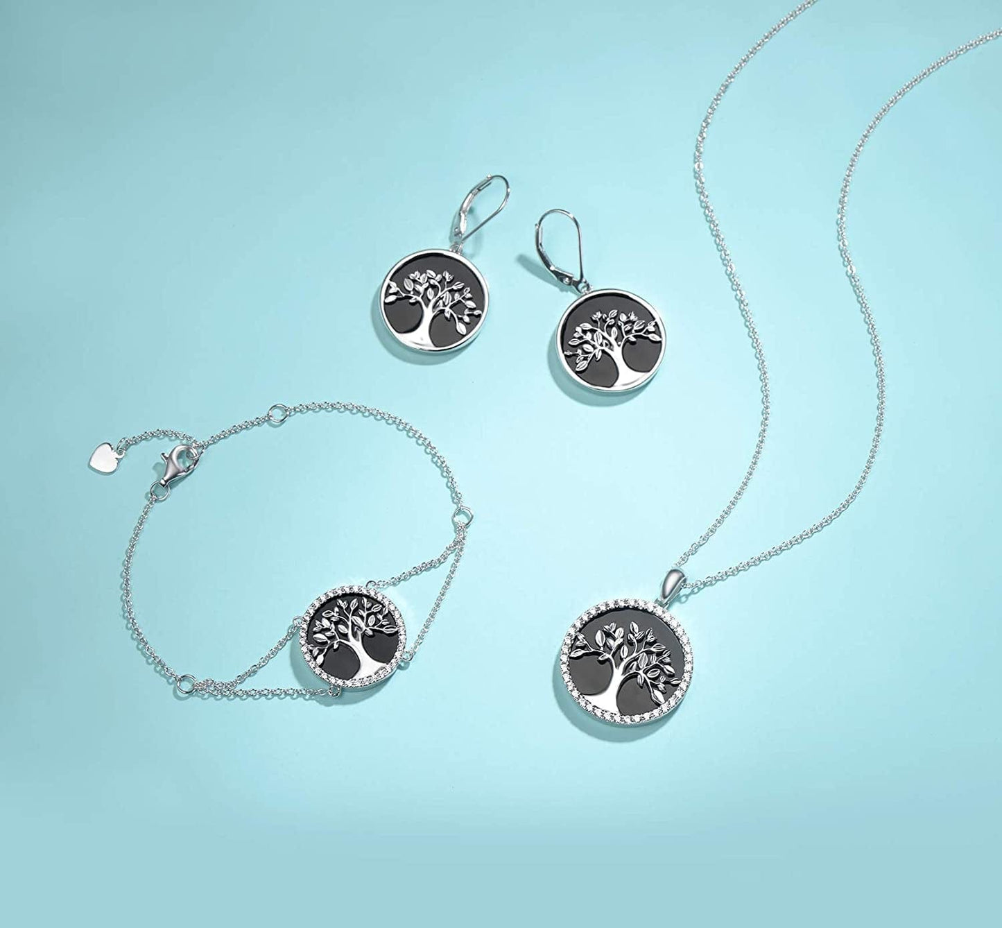 Agvana Tree of Life Necklace Earrings Christmas Gifts for Women Sterling Silver Genuine Black Onyx CZ Family Tree Jewelry Anniversary Birthday Gifts for Women Girls Mom Lady Grandma Wife Yourself